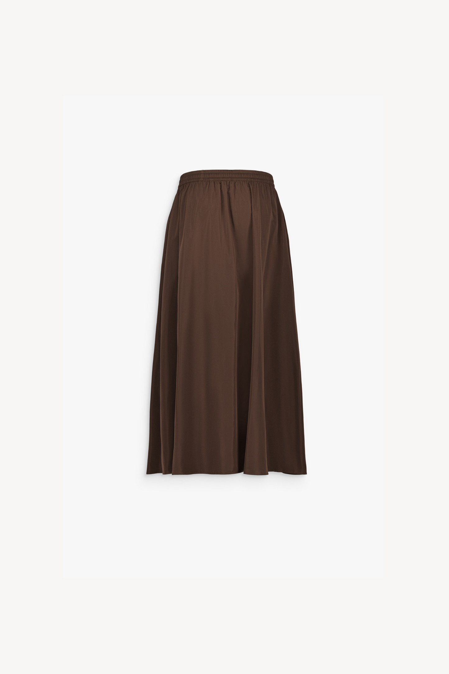 Jupe midi marron foncé au style parachute contemporain. Taille ajustable par cordon et poches italiennes