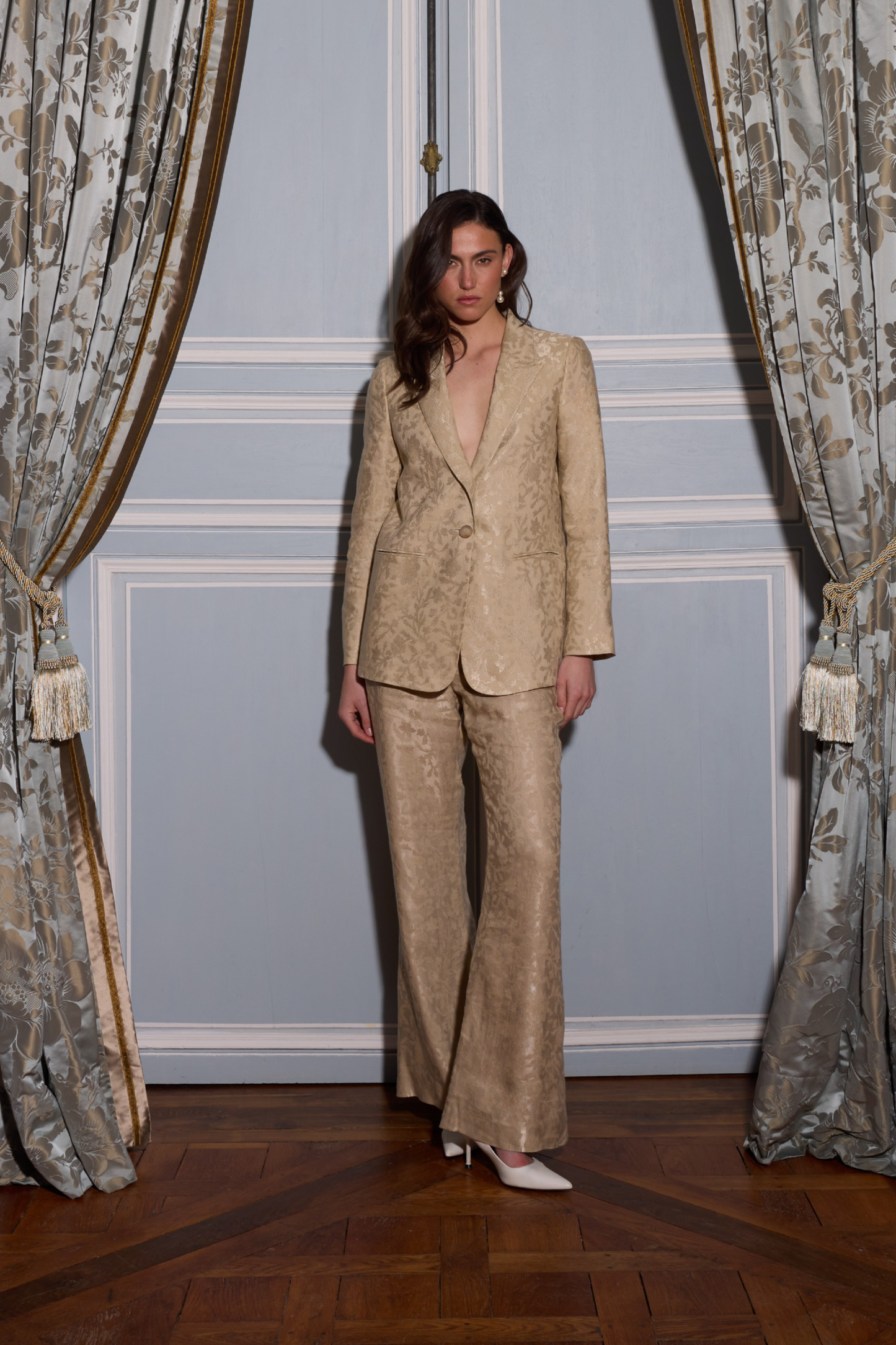 Veste tailleur jacquard de lin floral