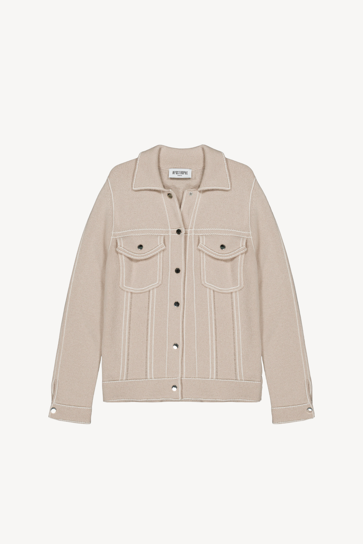 Veste en cachemire béton effet denim, coupe nette et poches structurées.