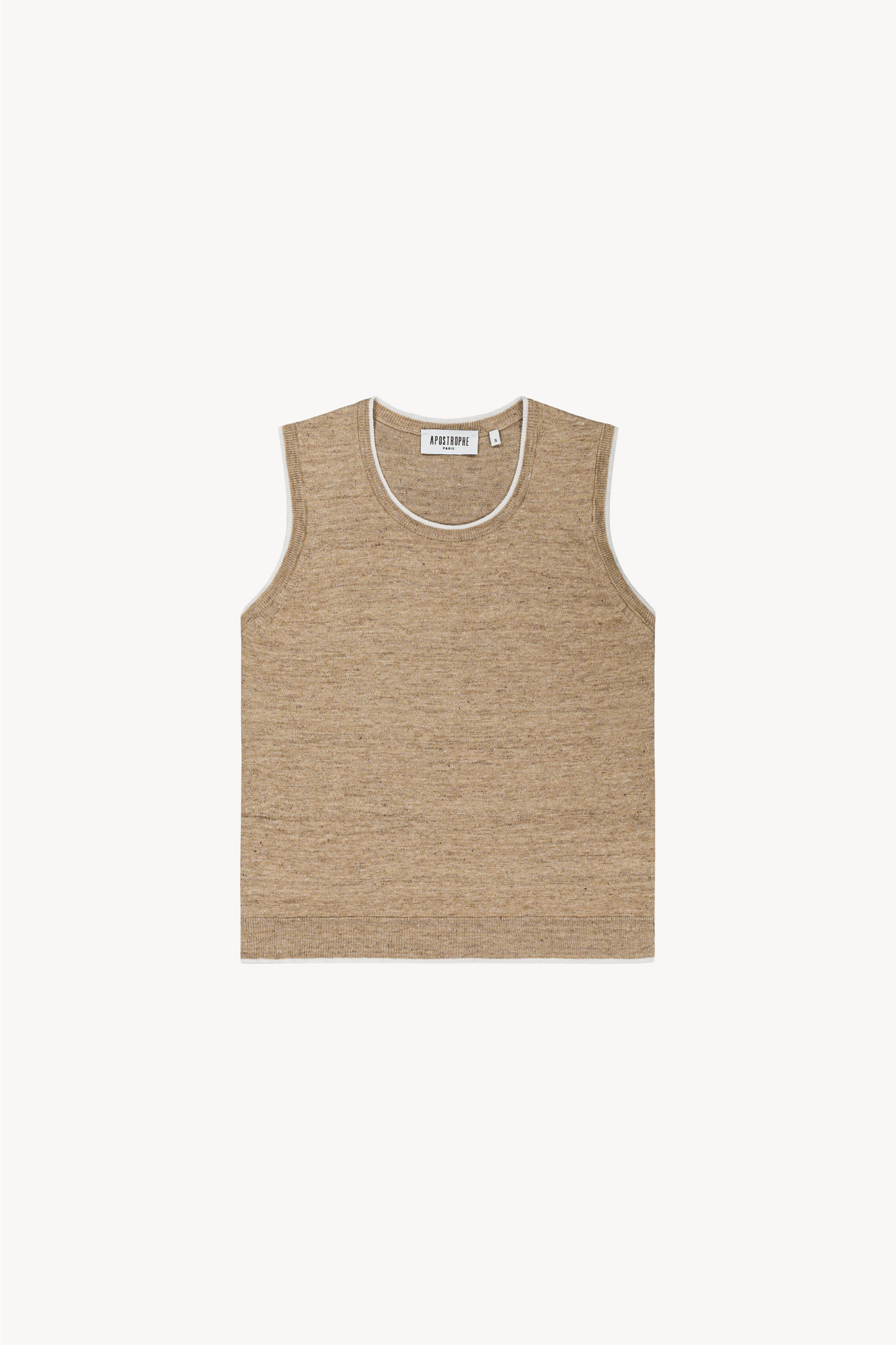 Ce débardeur en maille de lin beige clair séduit par sa coupe épurée, son col rond et ses finitions côtelées.