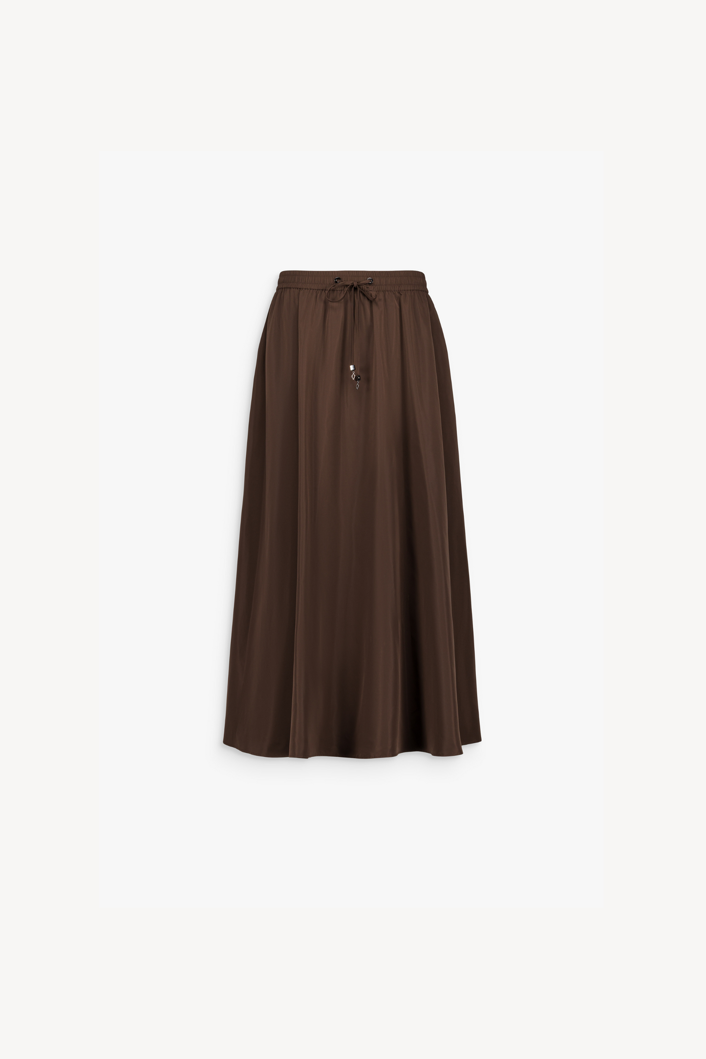 Jupe midi marron foncé, style parachute revisité. Taille élastiquée ajustable et poches italiennes
