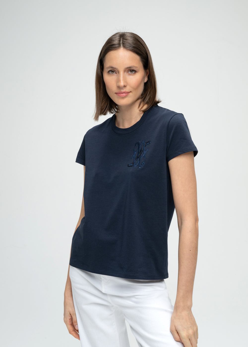 T-shirt manches courtes marine broderie perles poitrine logo Apostrophe