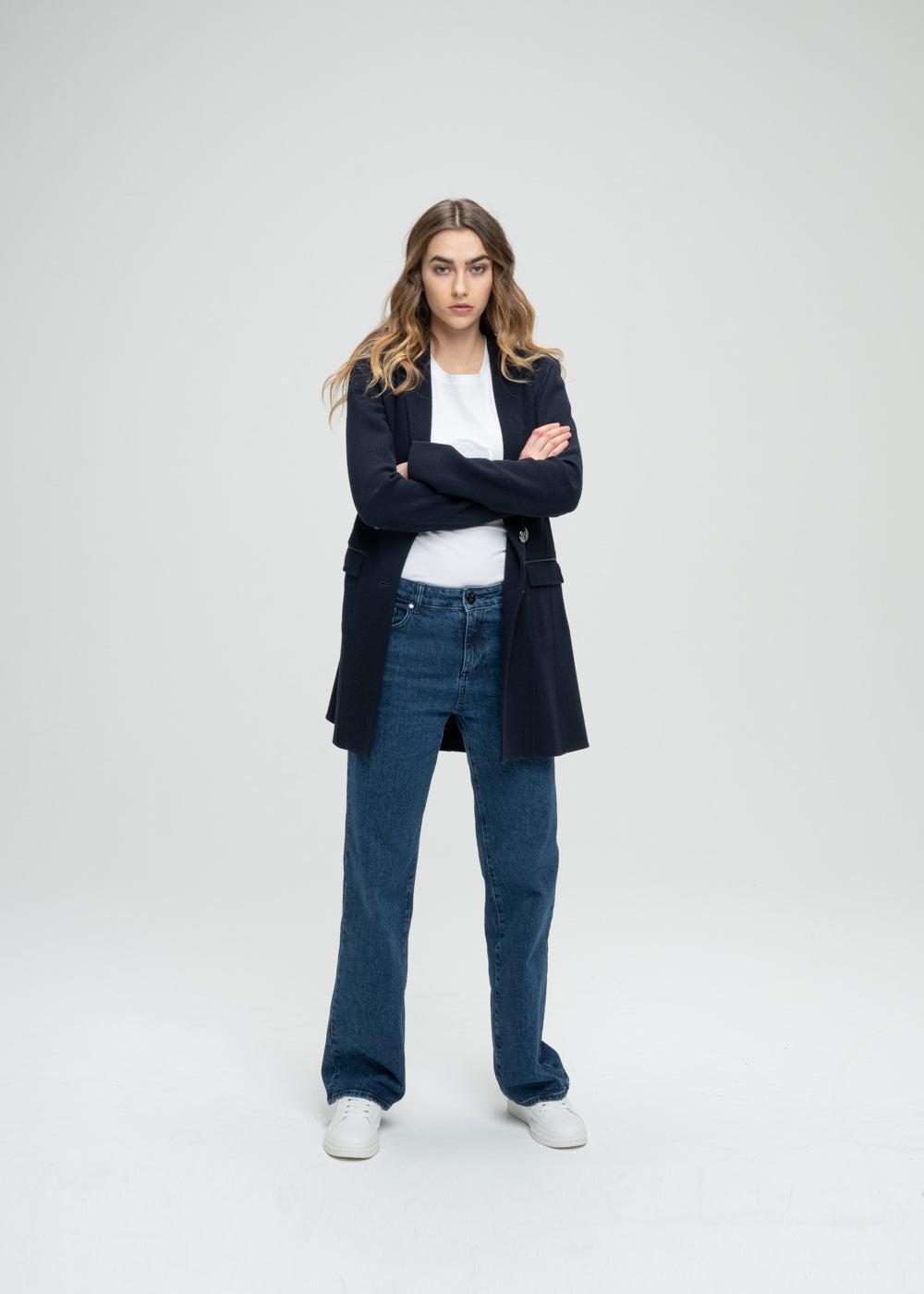 Blazer long en laine marine double boutonnière poches passepoiles en cuir