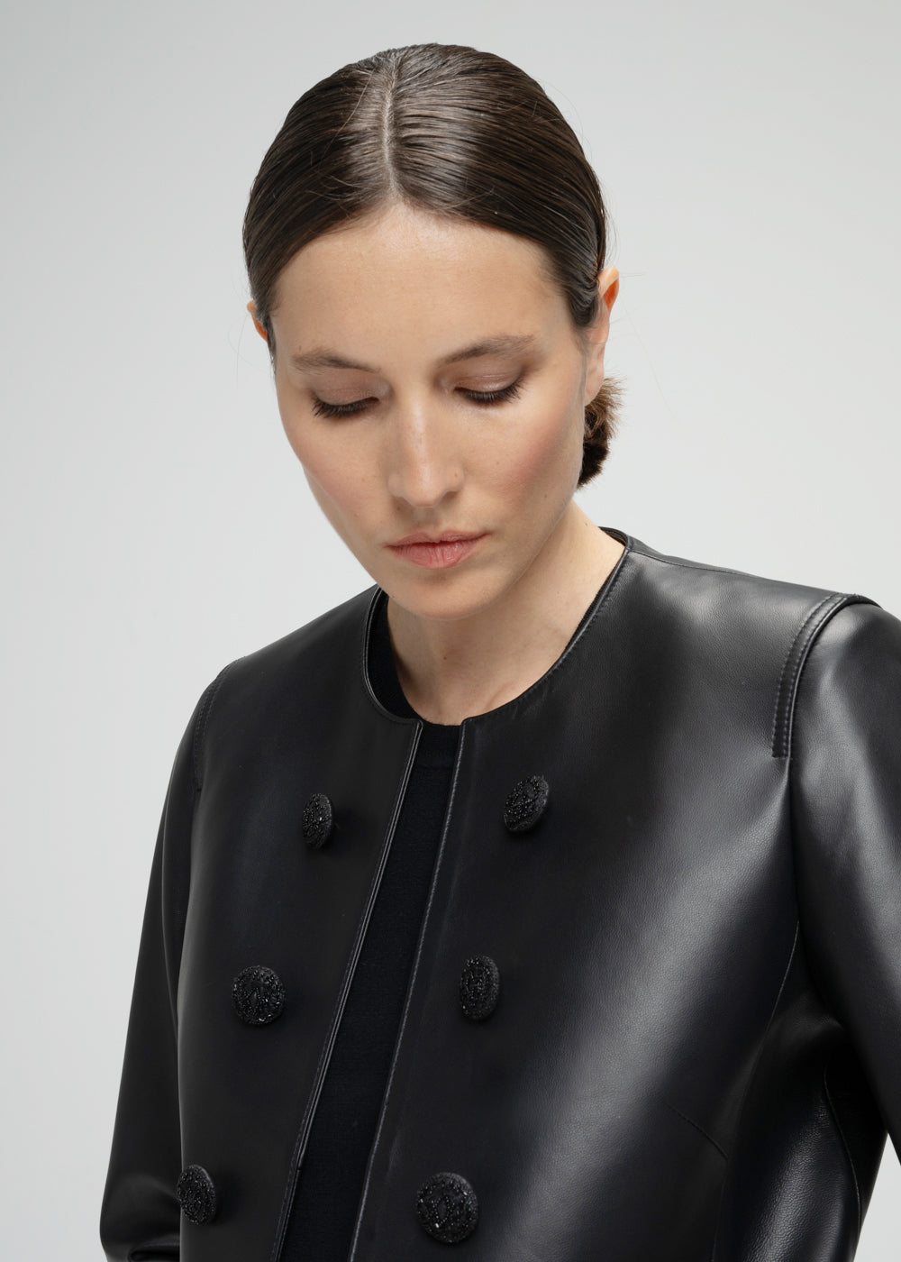 Black leather fringed suit jacket