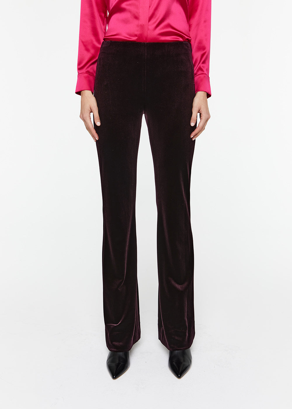 Pantalon coupe évasée en velours grenat et zip invisible