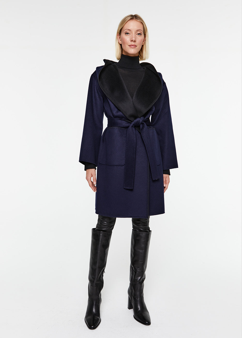 manteau réversible capuche col tailleur laine cachemire noir marine
