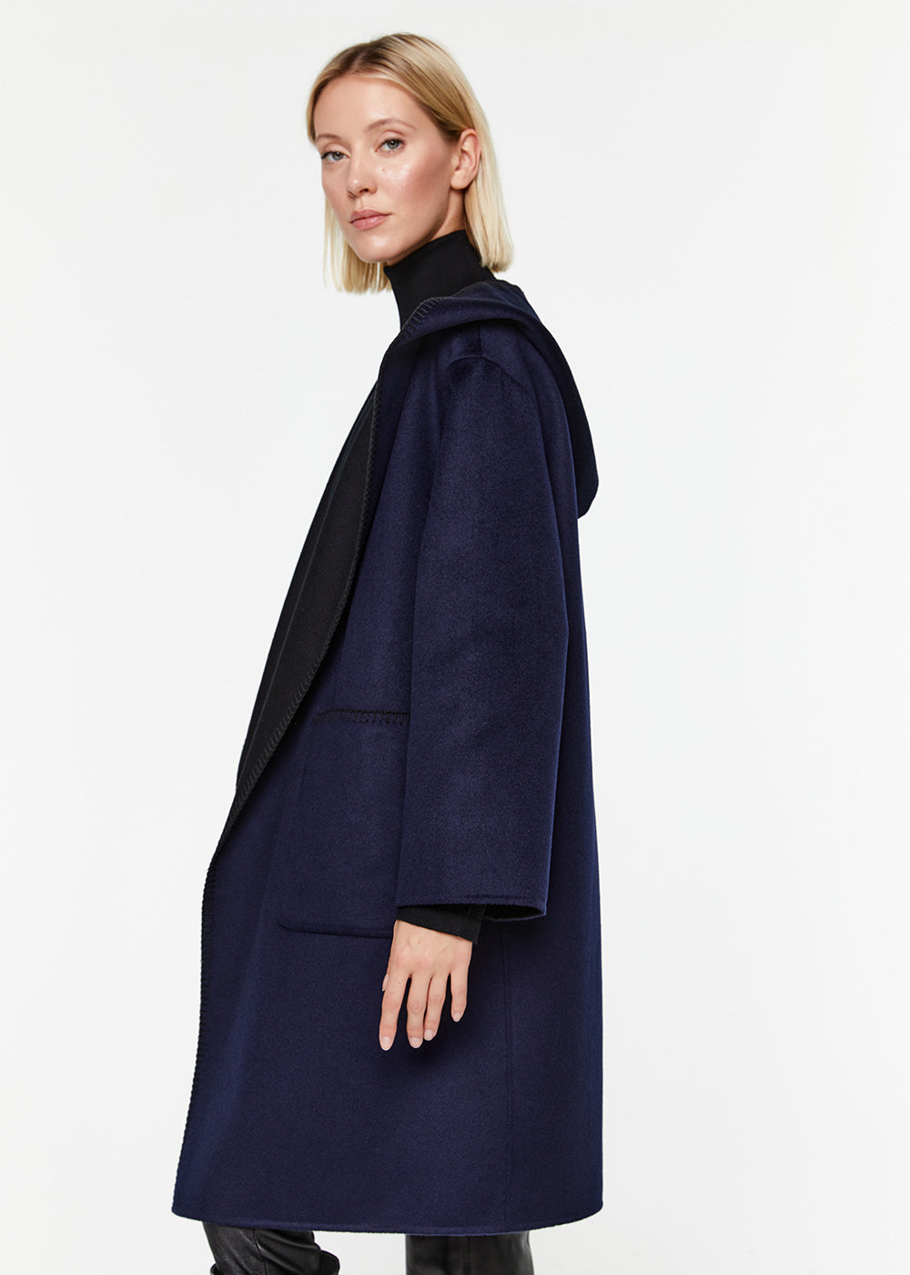 manteau réversible capuche col tailleur laine cachemire noir marine