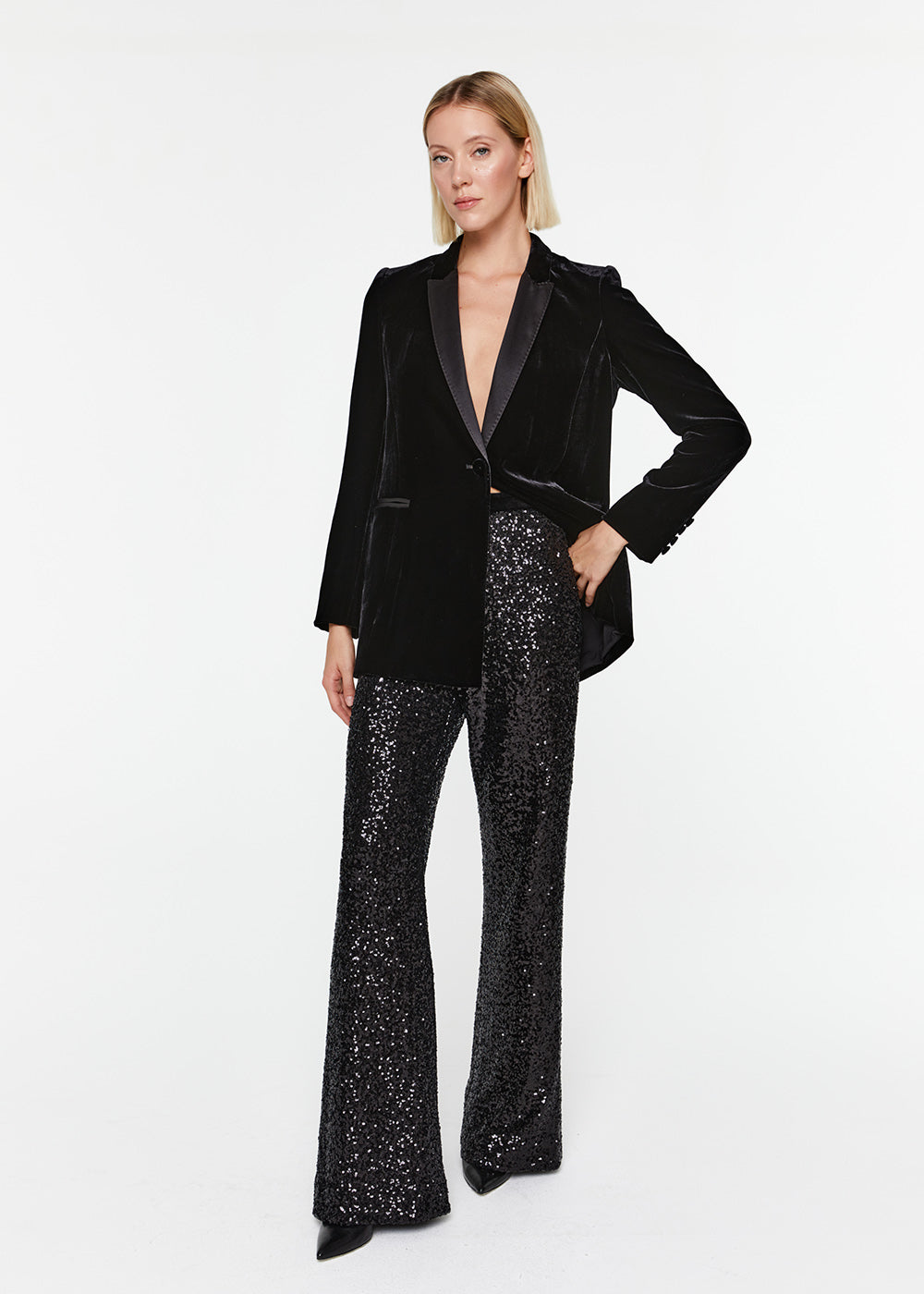 Pantalon taille haute coupe évasée à sequins paillettes noir avec élastique taille en velours noir