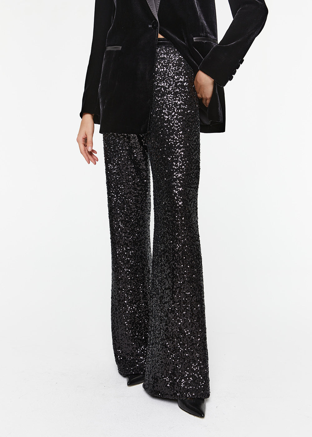 Pantalon taille haute coupe évasée à sequins paillettes noir avec élastique taille en velours noir