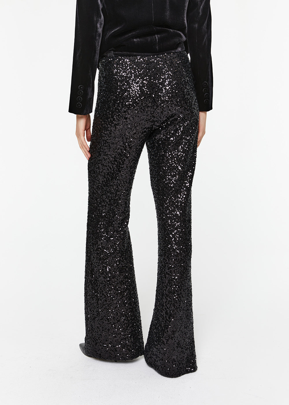 Pantalon taille haute coupe évasée à sequins paillettes noir avec élastique taille en velours noir