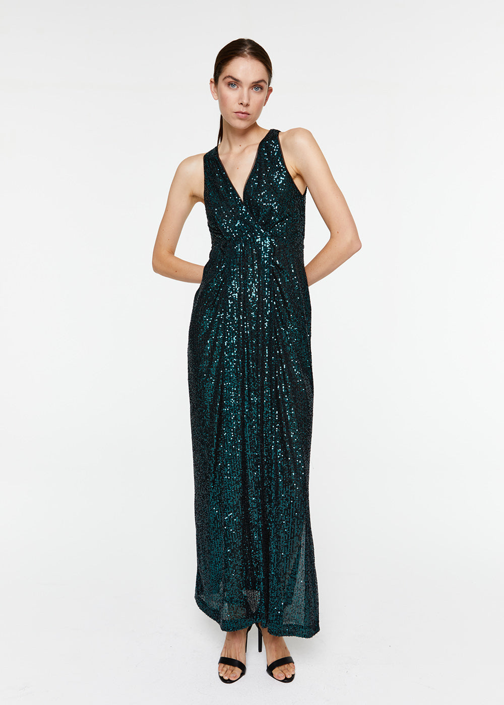 Robe longue à sequins vert foncé détails froncé devant et fente latérale