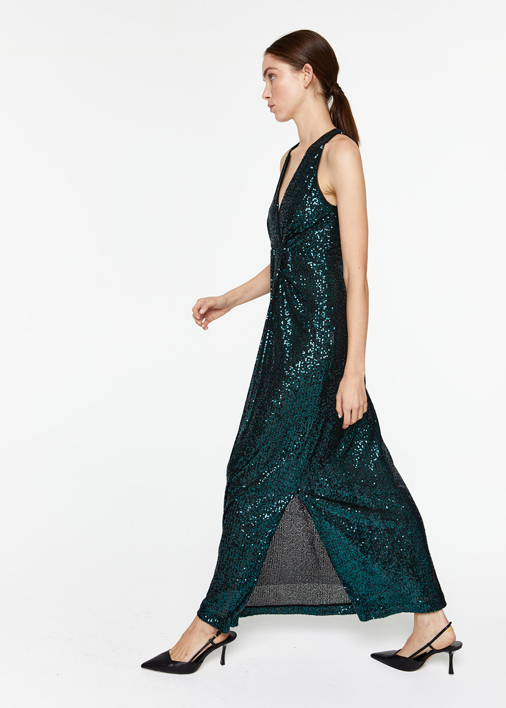 Robe longue à sequins vert foncé détails froncé devant et fente latérale