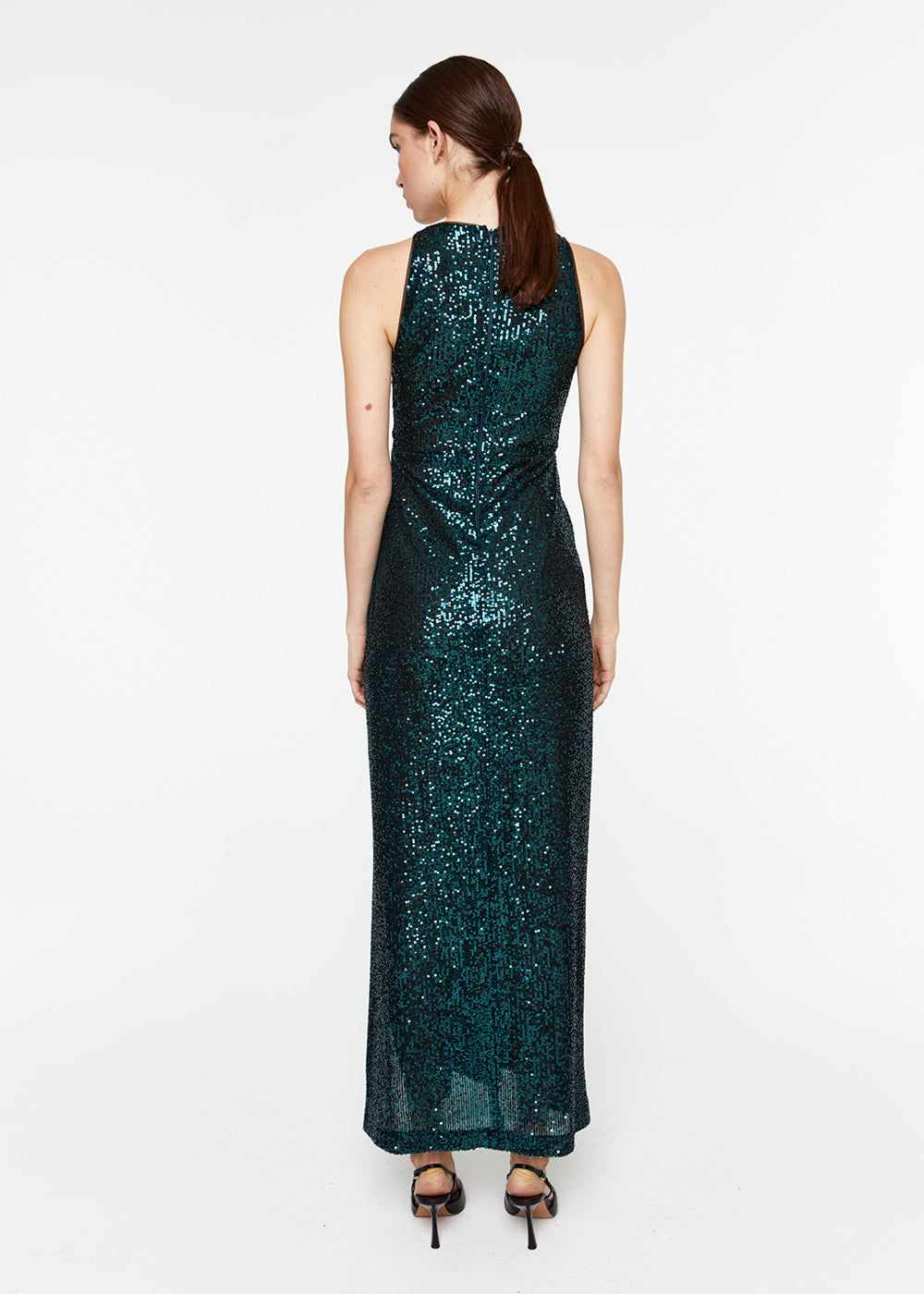 Robe longue à sequins vert foncé détails froncé devant et fente latérale