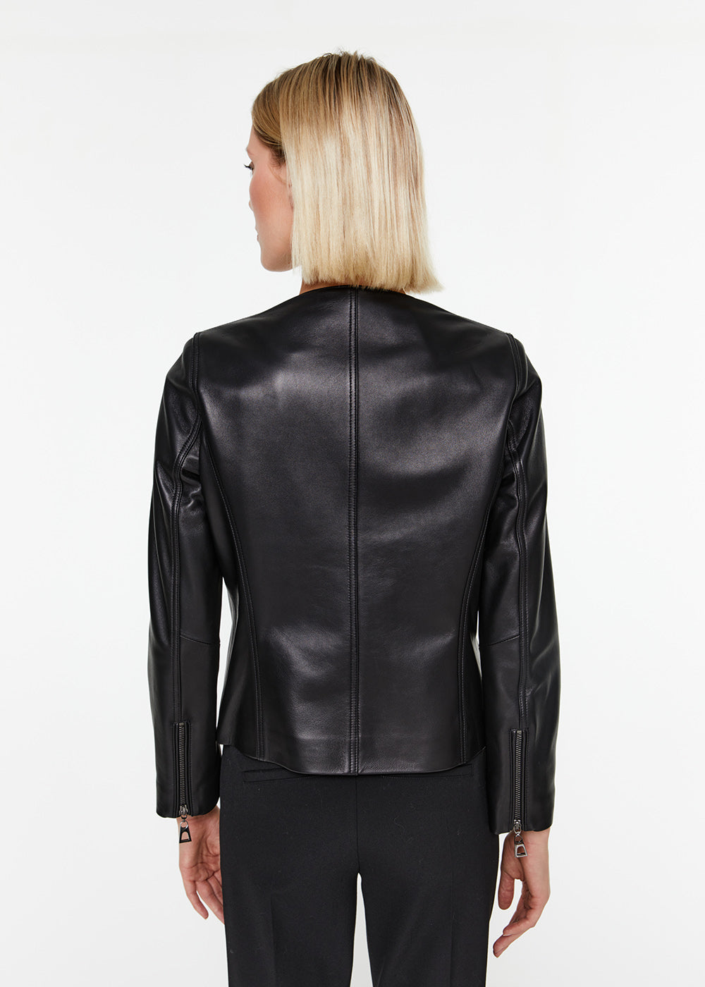 Veste en cuir courte col rond zip avant et zip manches
