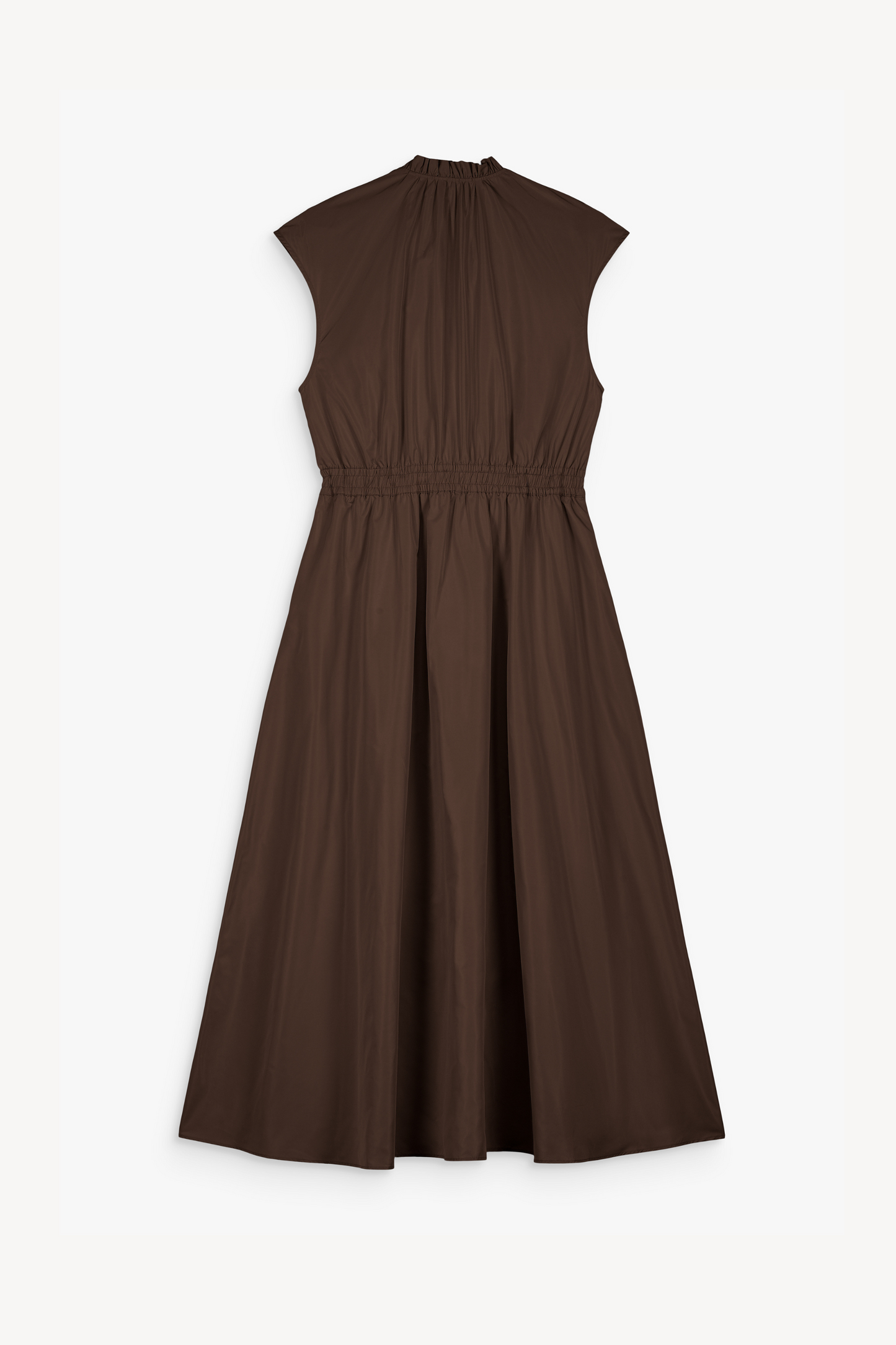 Cette robe midi à col mao volanté et taille coulissée.