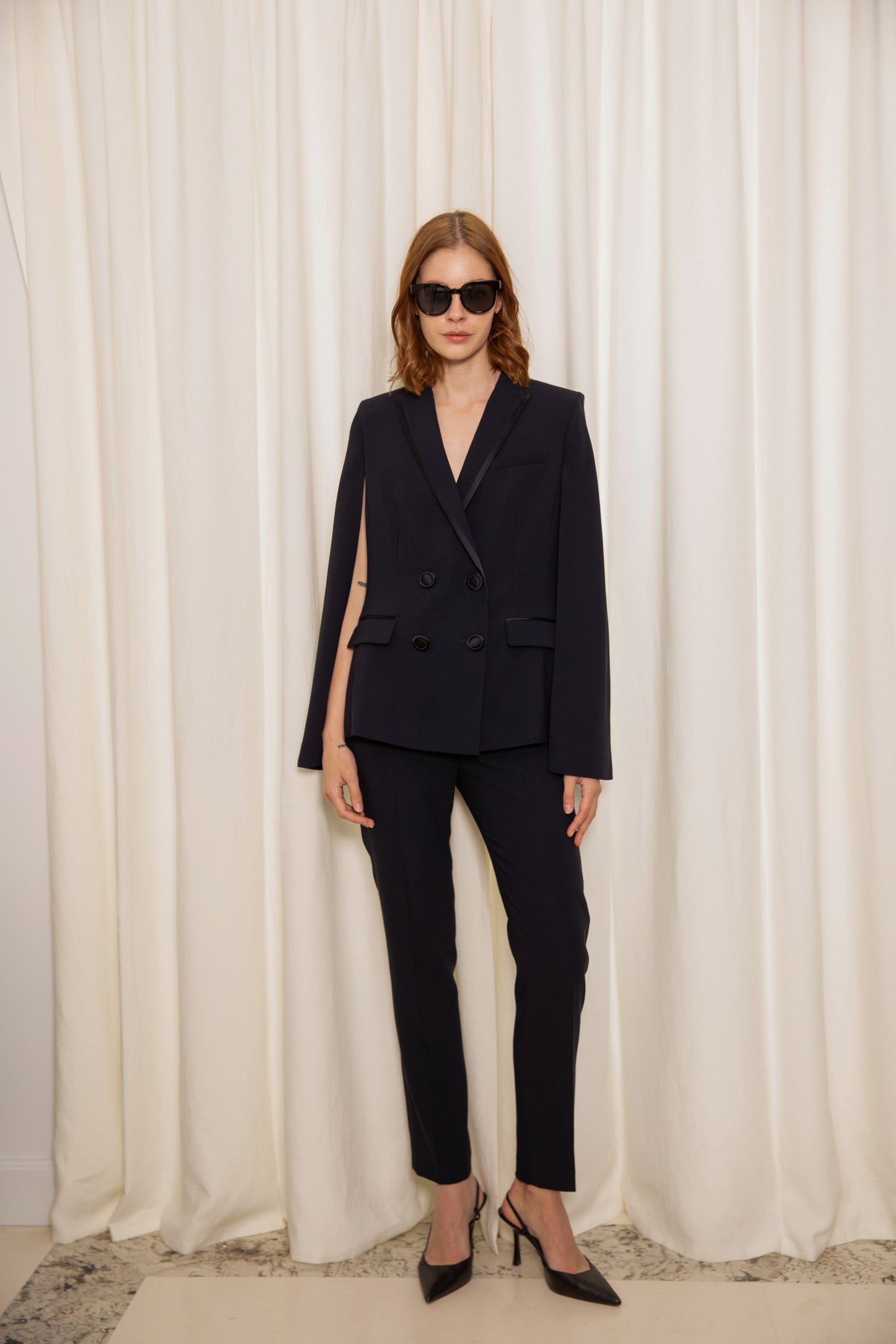 Navy double-breasted cape jacket