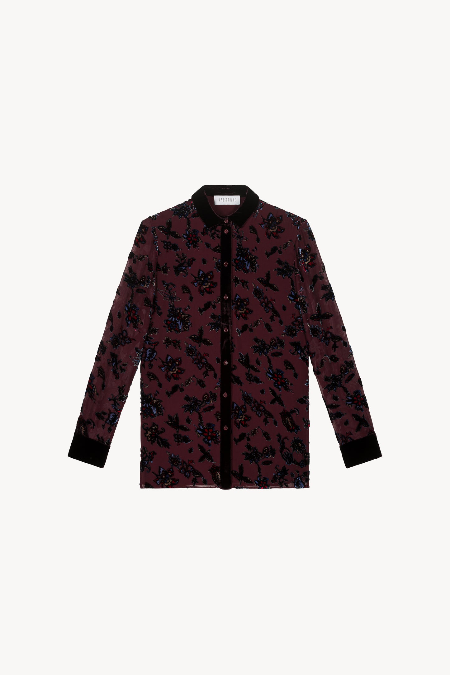Chemise en velours de soie. Imprimé floral en velours. Doublure en mousseline pour une coupe fluide.