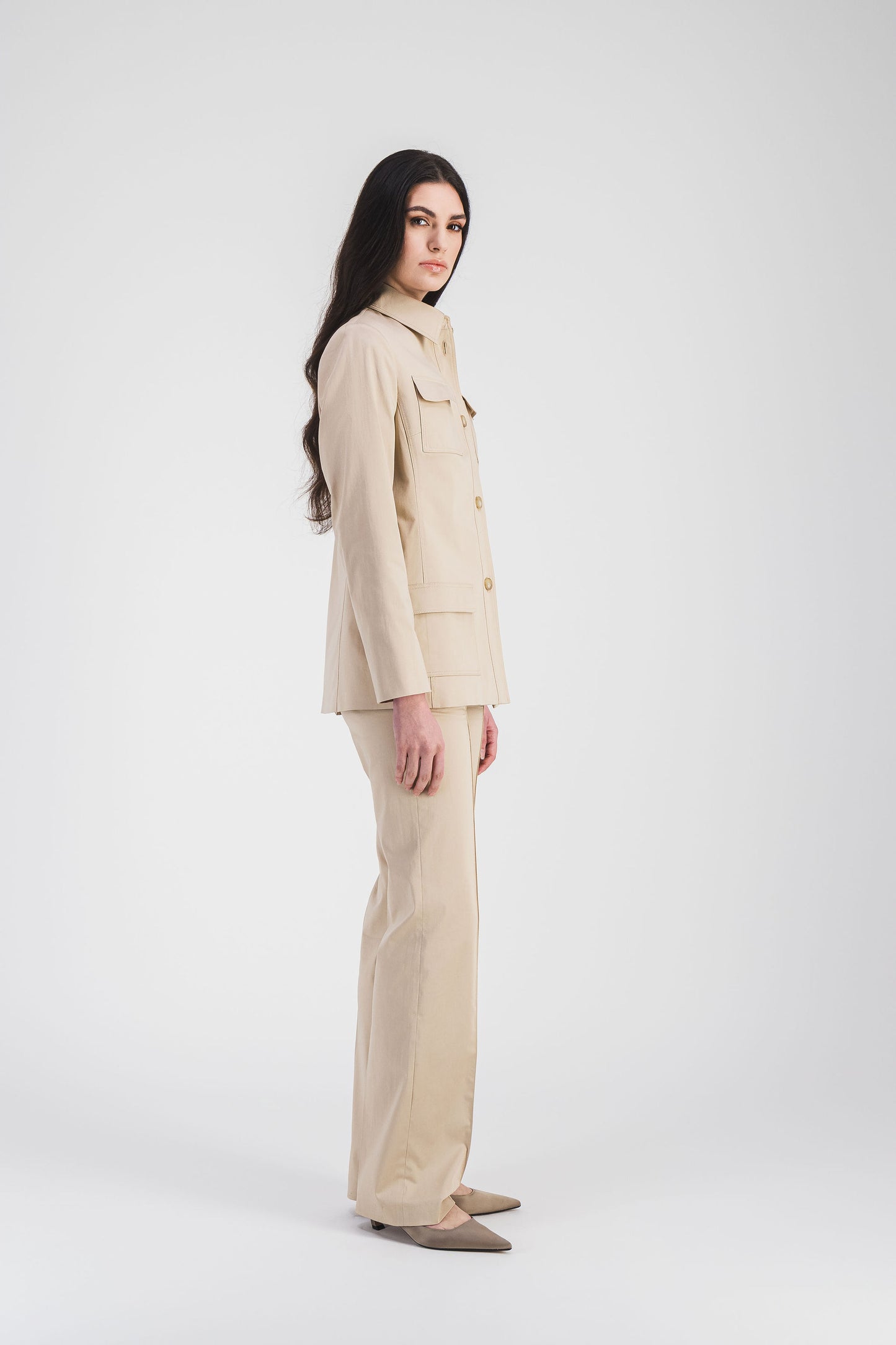 Beige cotton satin flared pants