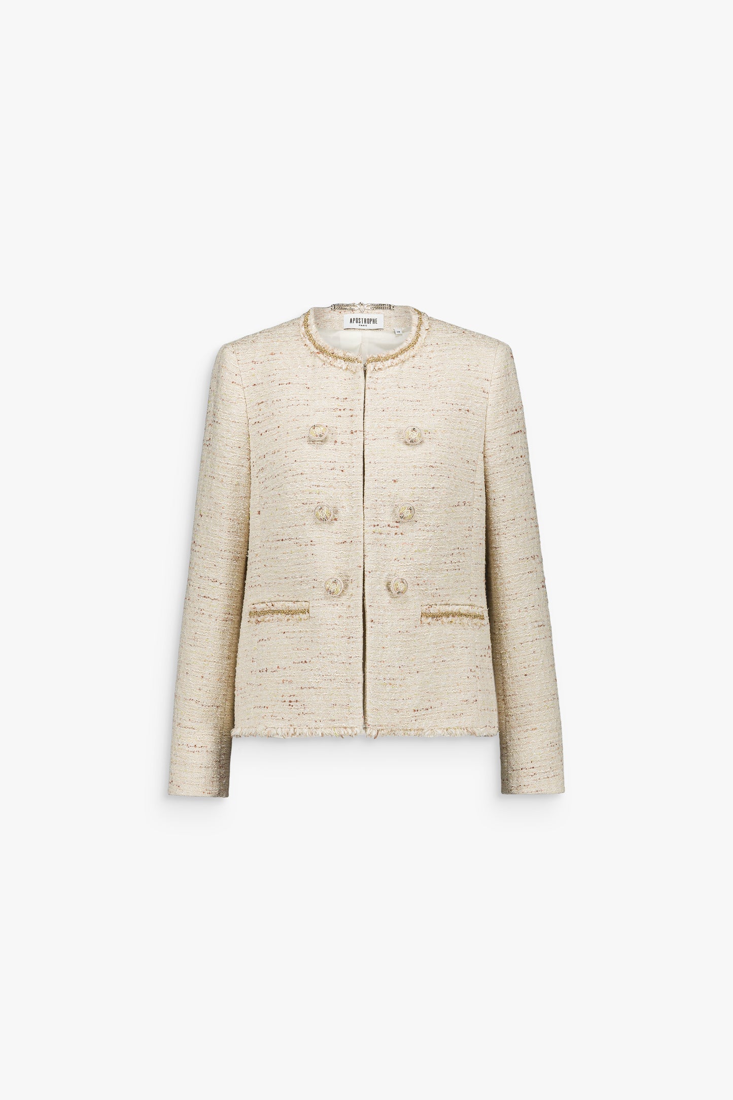 Veste droite en tweed jaune clair avec col rond et boutons décoratifs.