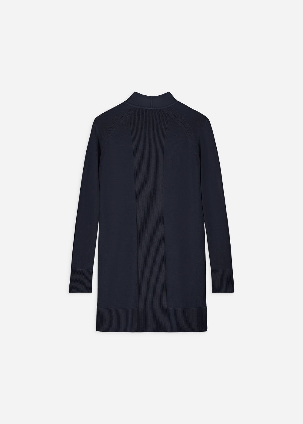 Manteau bi-matière marine, conçu avec des détails en daim et un col drapé fluide