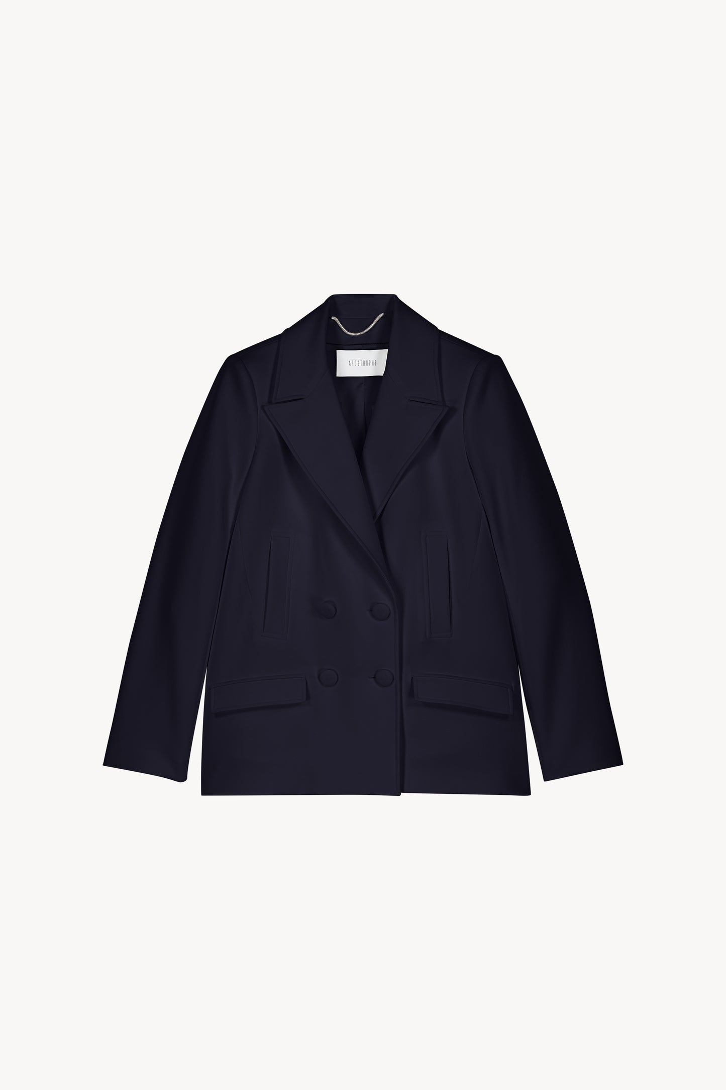 Manteau caban croisé marine avec une coupe droite , un double boutonnage croisé, des poches passepoilées et à rabat fonctionnelles.