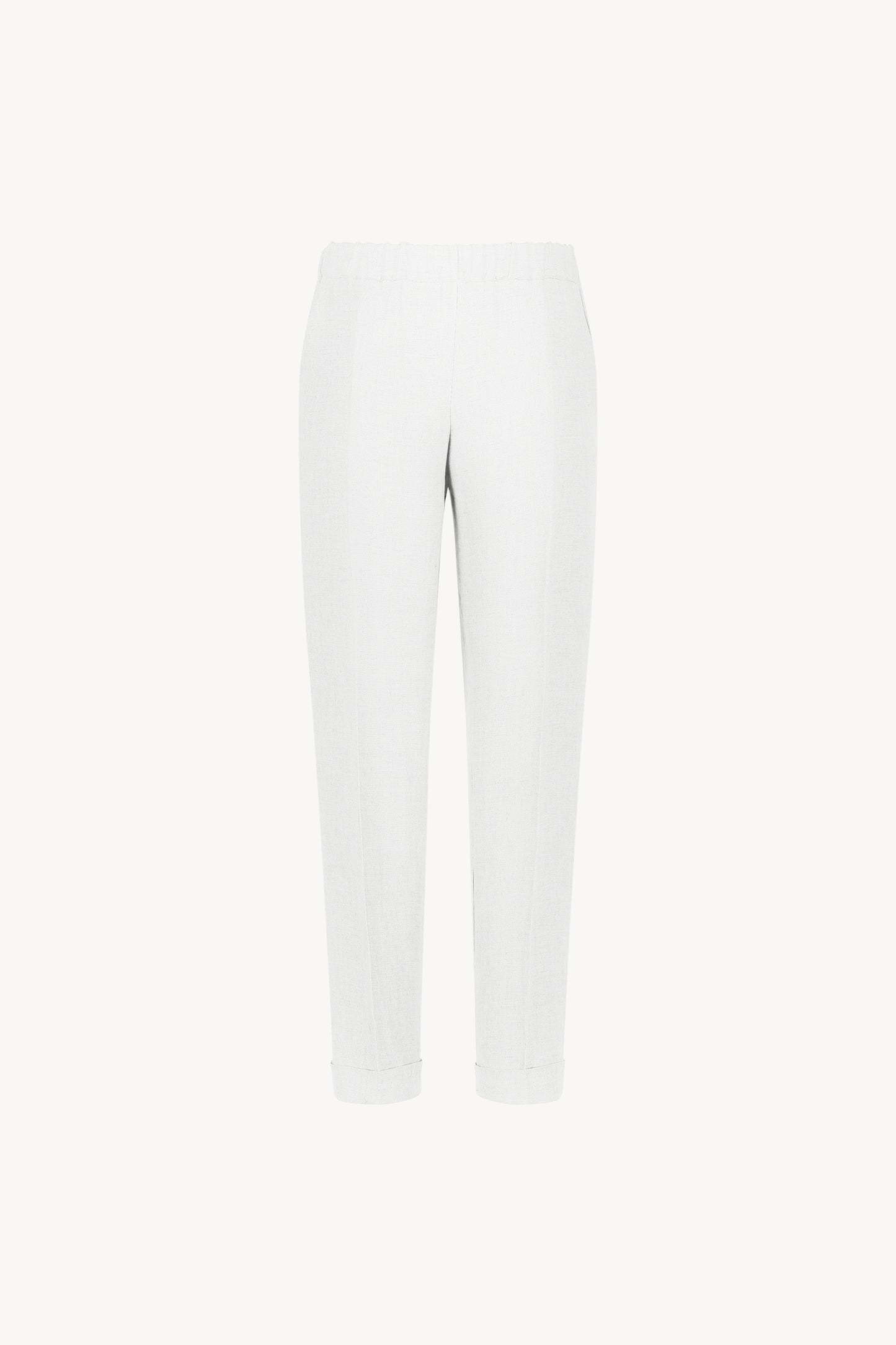 Pantalon à plis en lin blanc orné d'un plis marqués, une taille élastique froncée et de poches italiennes.