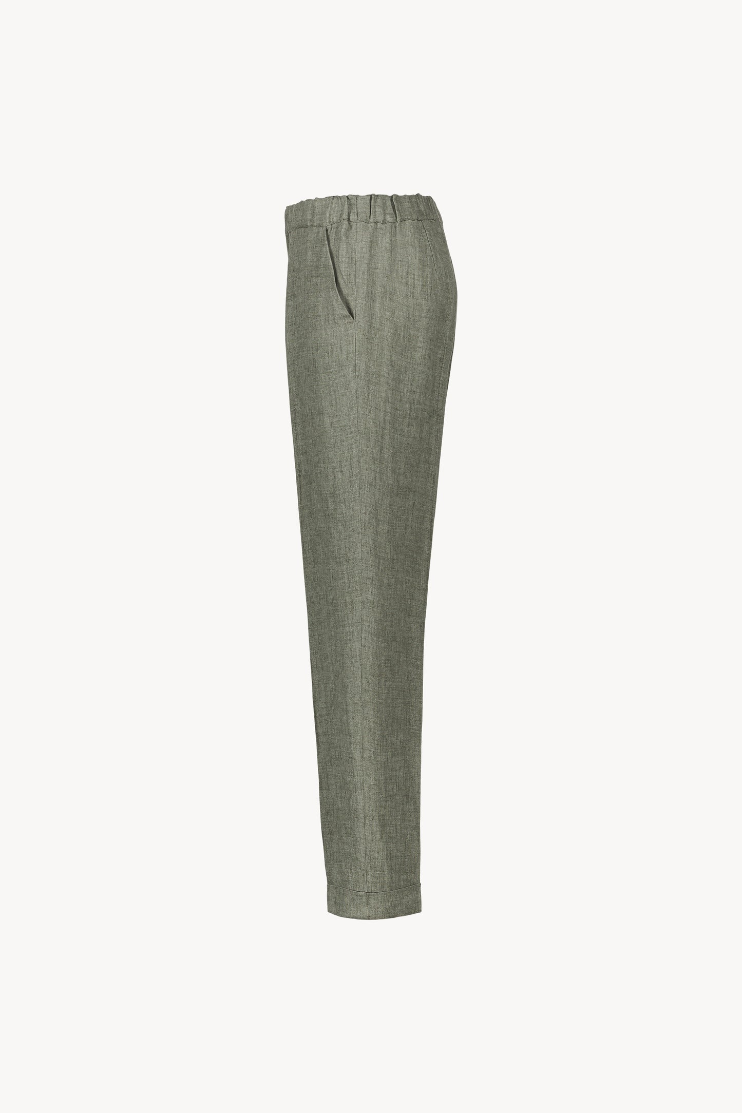 Pantalon en lin vert pale avec des plis marqués élégants, une taille élastique et des poches italiennes.