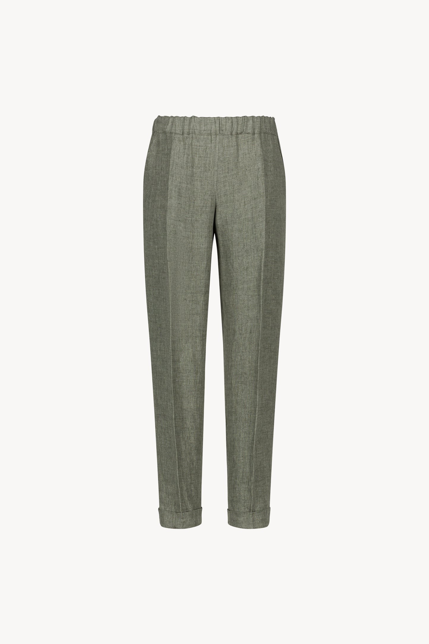 Pantalon en lin vert pale avec des plis marqués élégants et des poches italiennes.
