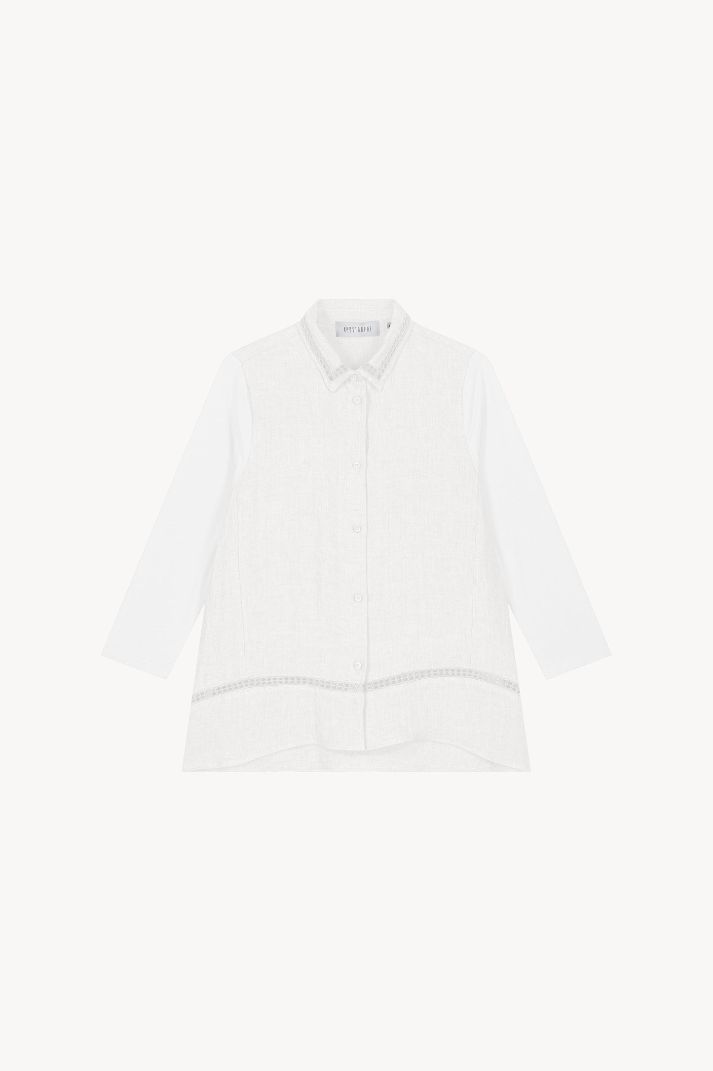 Tunique en lin brodée blanc optique, avec un col chemise et des boutons recouverts nacrés aux manches .
