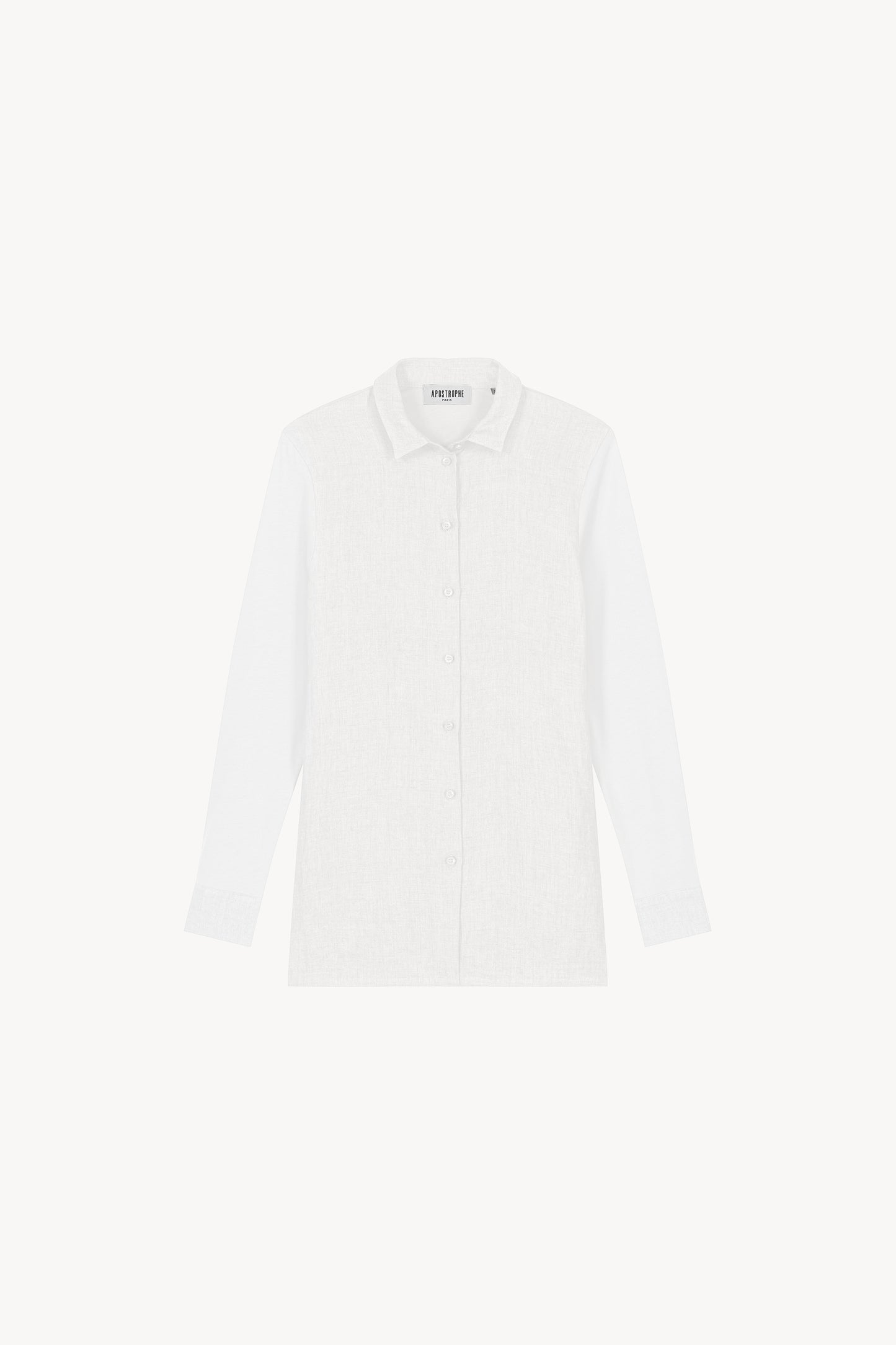 Chemise en jersey et lin blanc avec une coupe fluide, légère avec des boutons nacrés