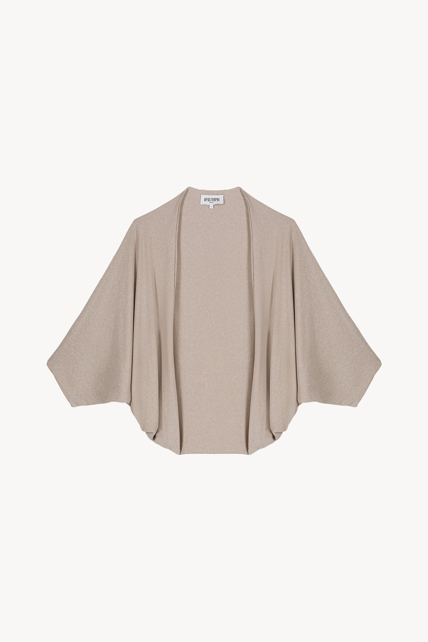Veste poncho courte manches chauves-souris en or mat, conçue en tissu lamé en jersey finement texturé avec des paillettes dorées pour une finition élégante. Sans boutonnage, elle offre une allure chic avec ses manches courtes chauves-souris.
