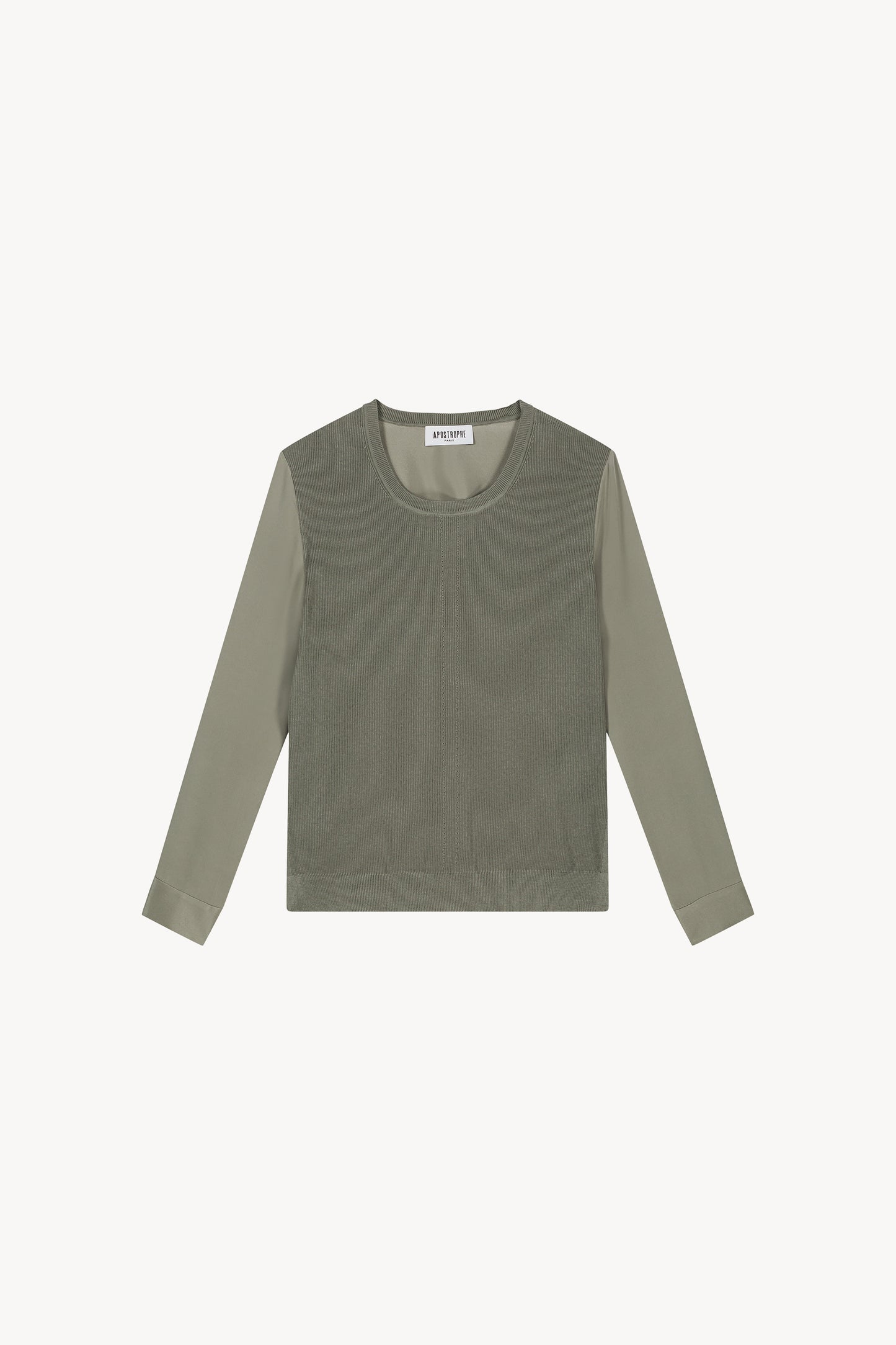 Khaki trompe-l'oeil two-material sweater
