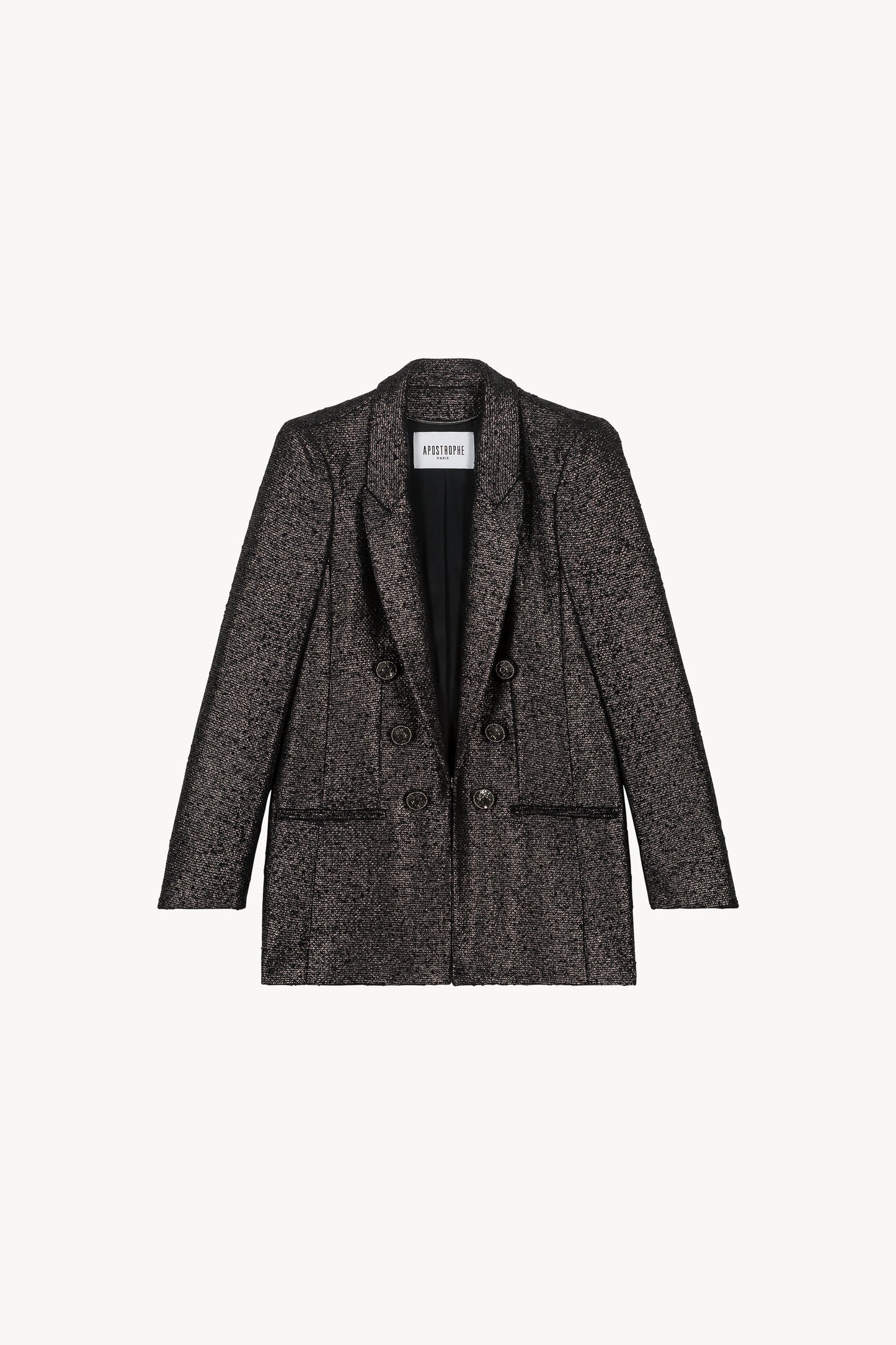 Veste canon de fusil brillante. Son col tailleur, ses poches passepoils et ses boutons décoratifs.