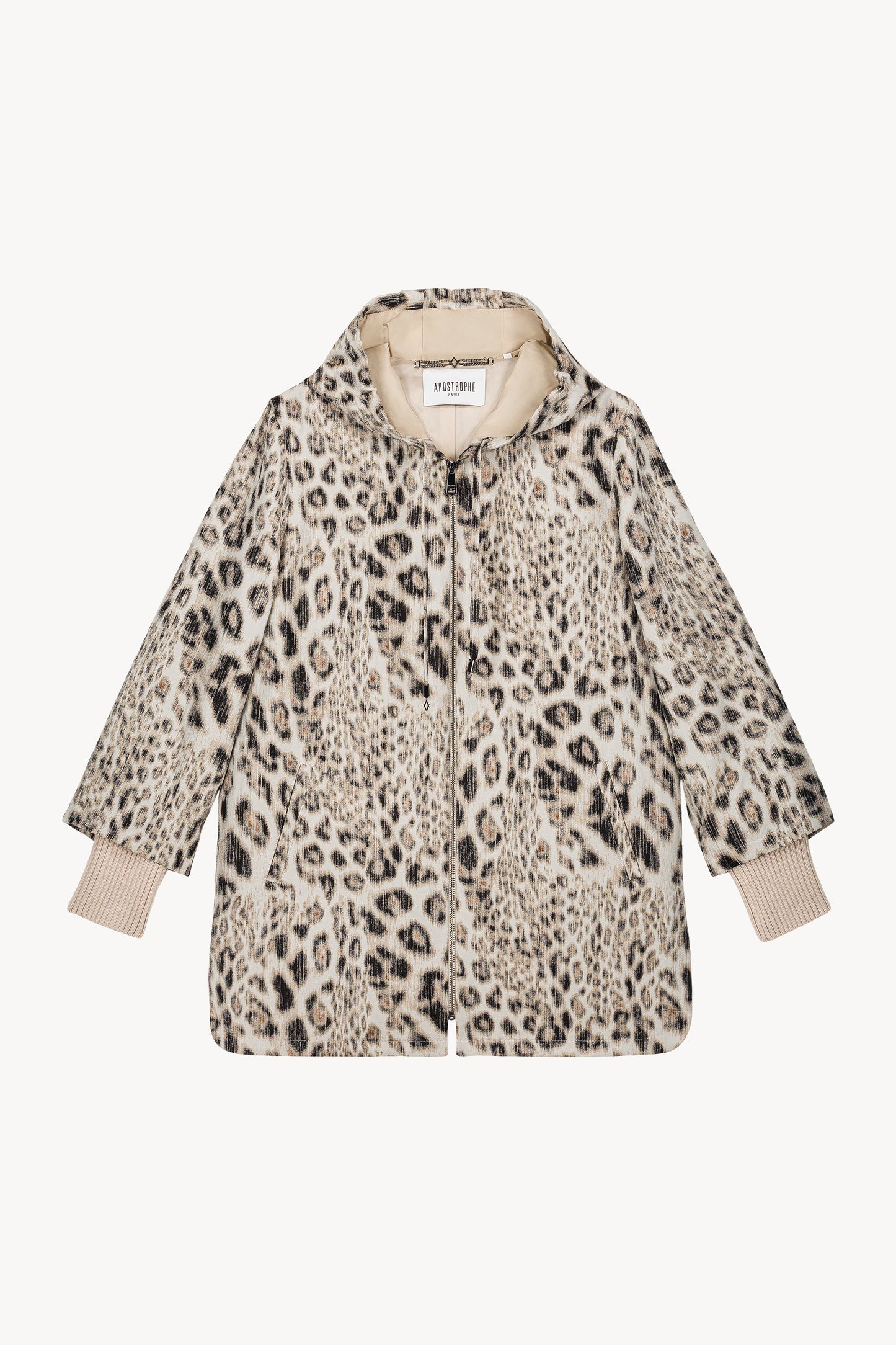 Mid-length ebony jacquard parka with knitted cuff and hood