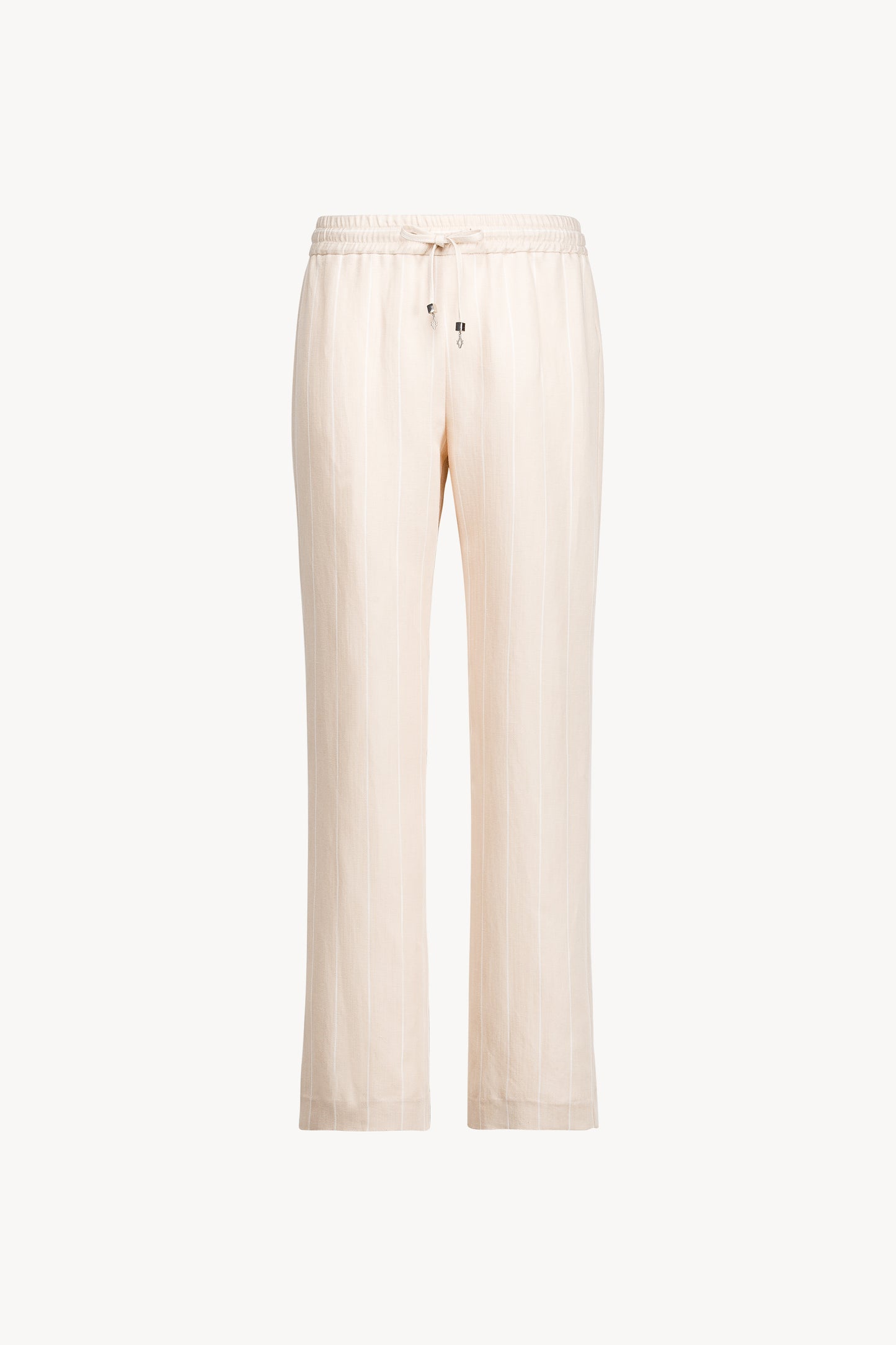 Ce pantalon droit en lin beige à rayures fines allie confort et sophistication grâce a sa coupe fluide et légère