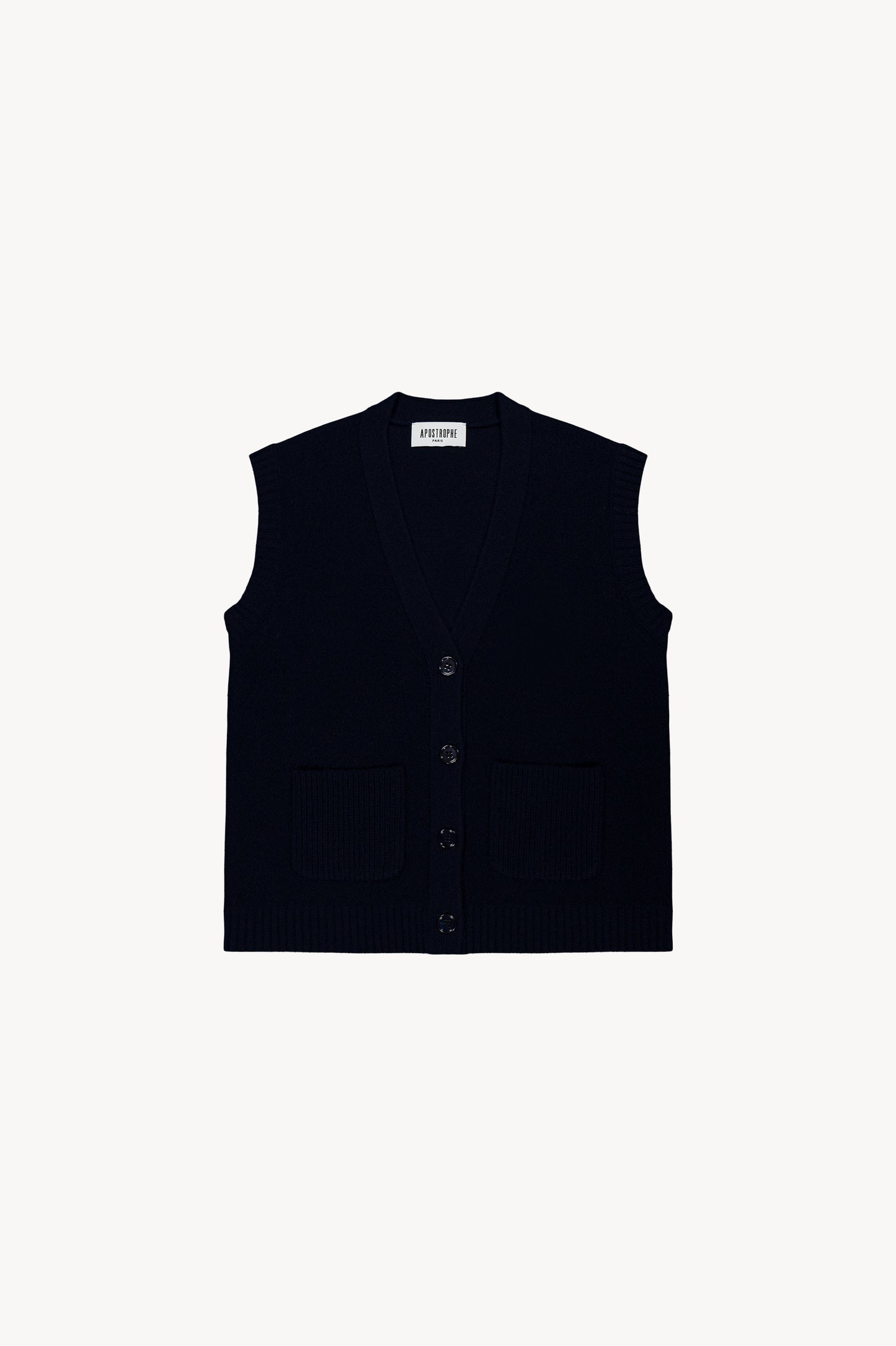 Gilet en cachemire marine, coupe droite et col V, avec des incrustations de strass