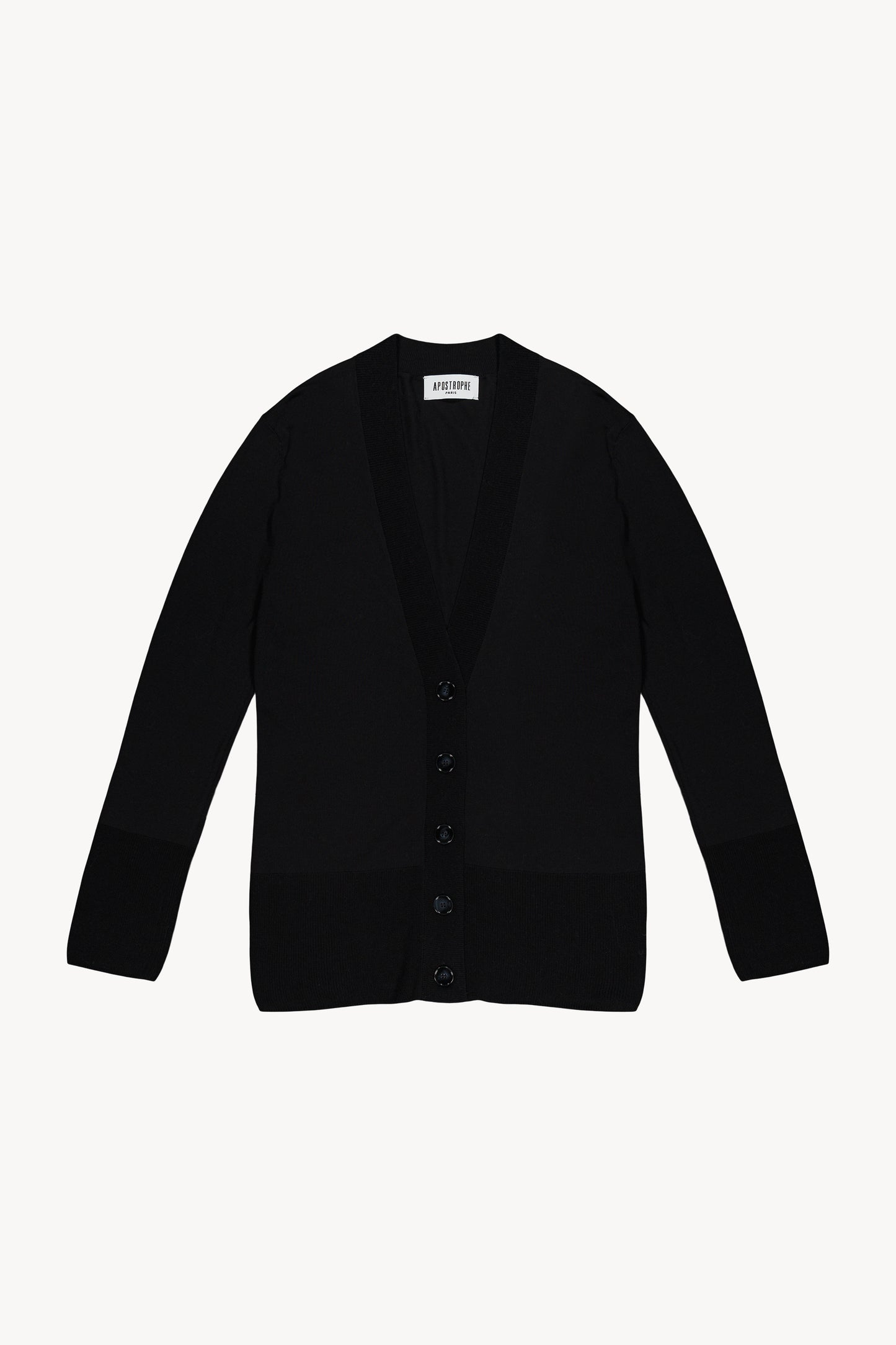 Cardigan long en V avec manches basses et boutons en corne.