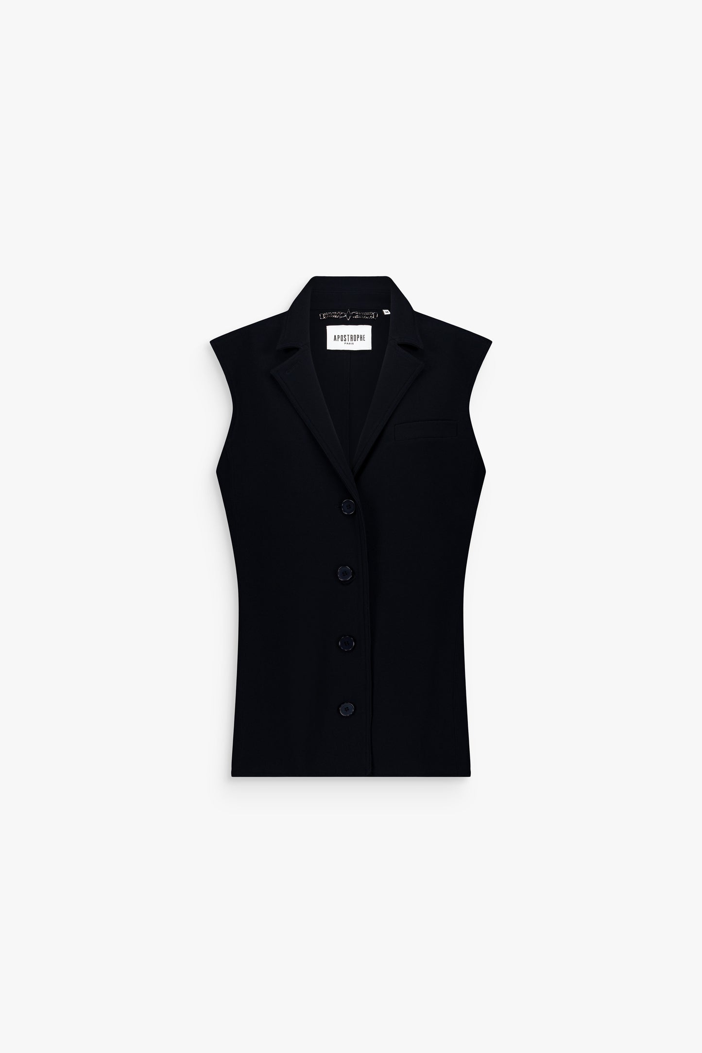 Gilet marine à revers en pointe, coupe droite et finitions soignées.