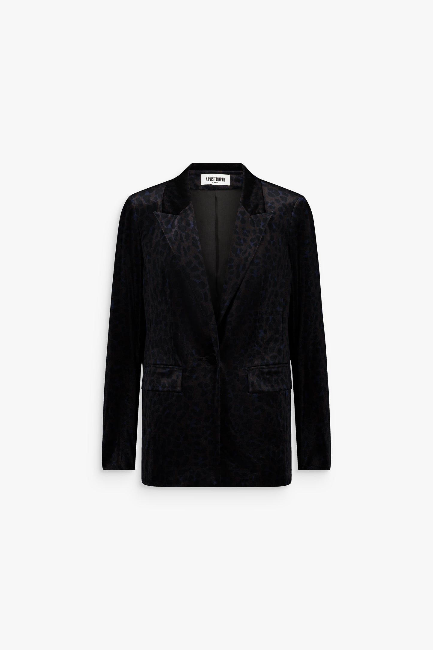 Blazer noir en velours avec motif léopard délicat, coupe droite et détails raffinés