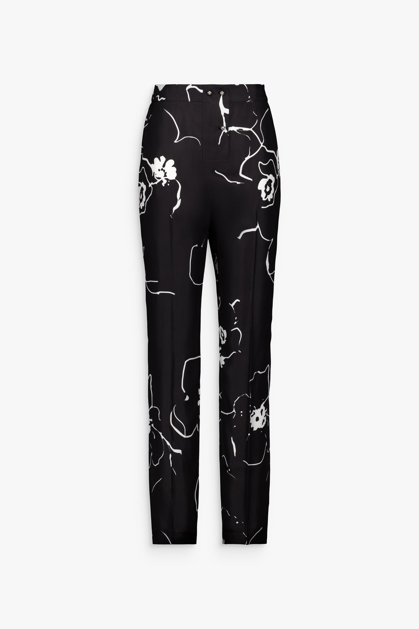 Pantalon droit noir en soie imprimée, coupe élégante et poches italiennes.