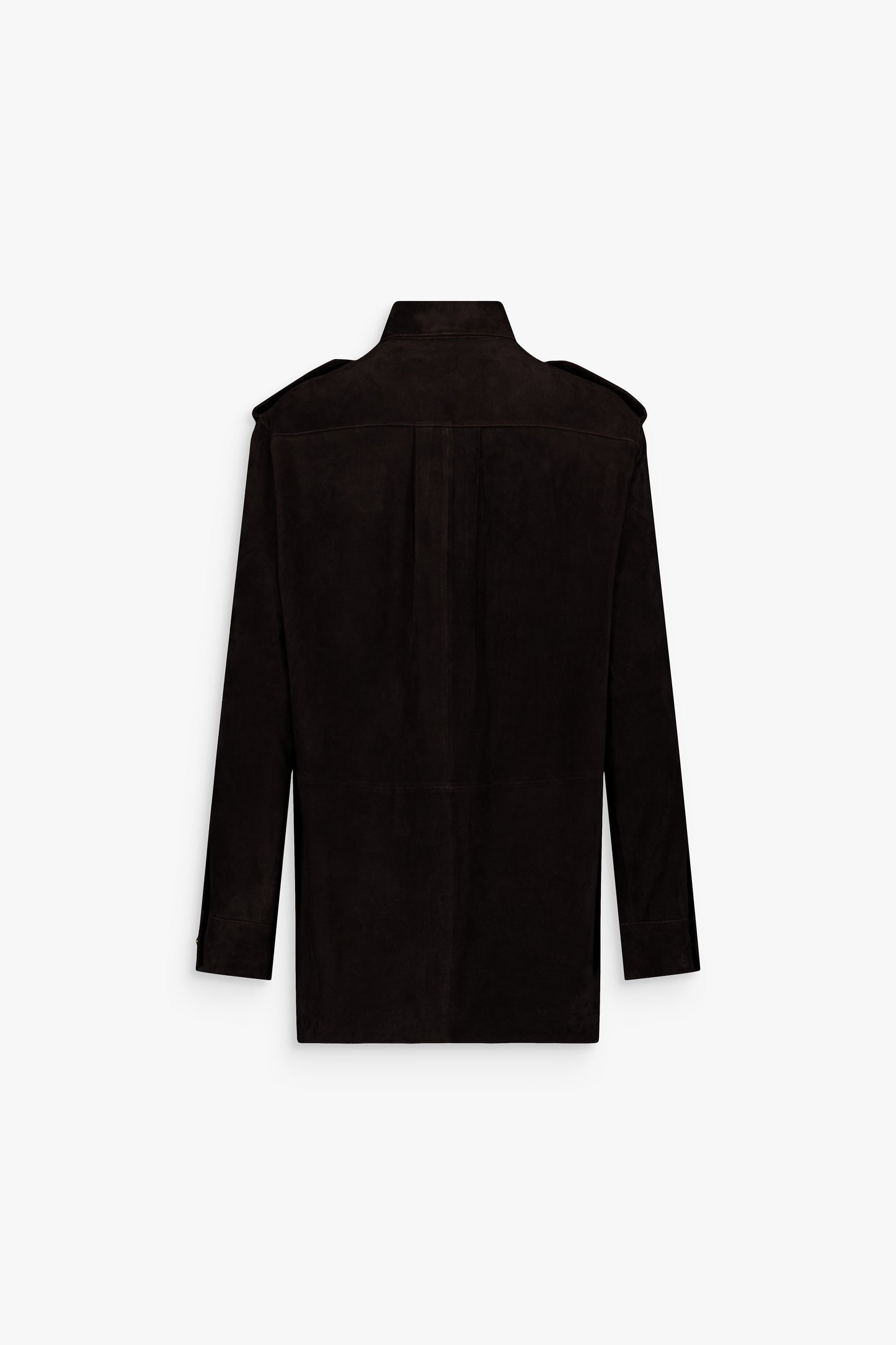Blouson en daim ébène, pattes d’épaule et style chic et affirmé.