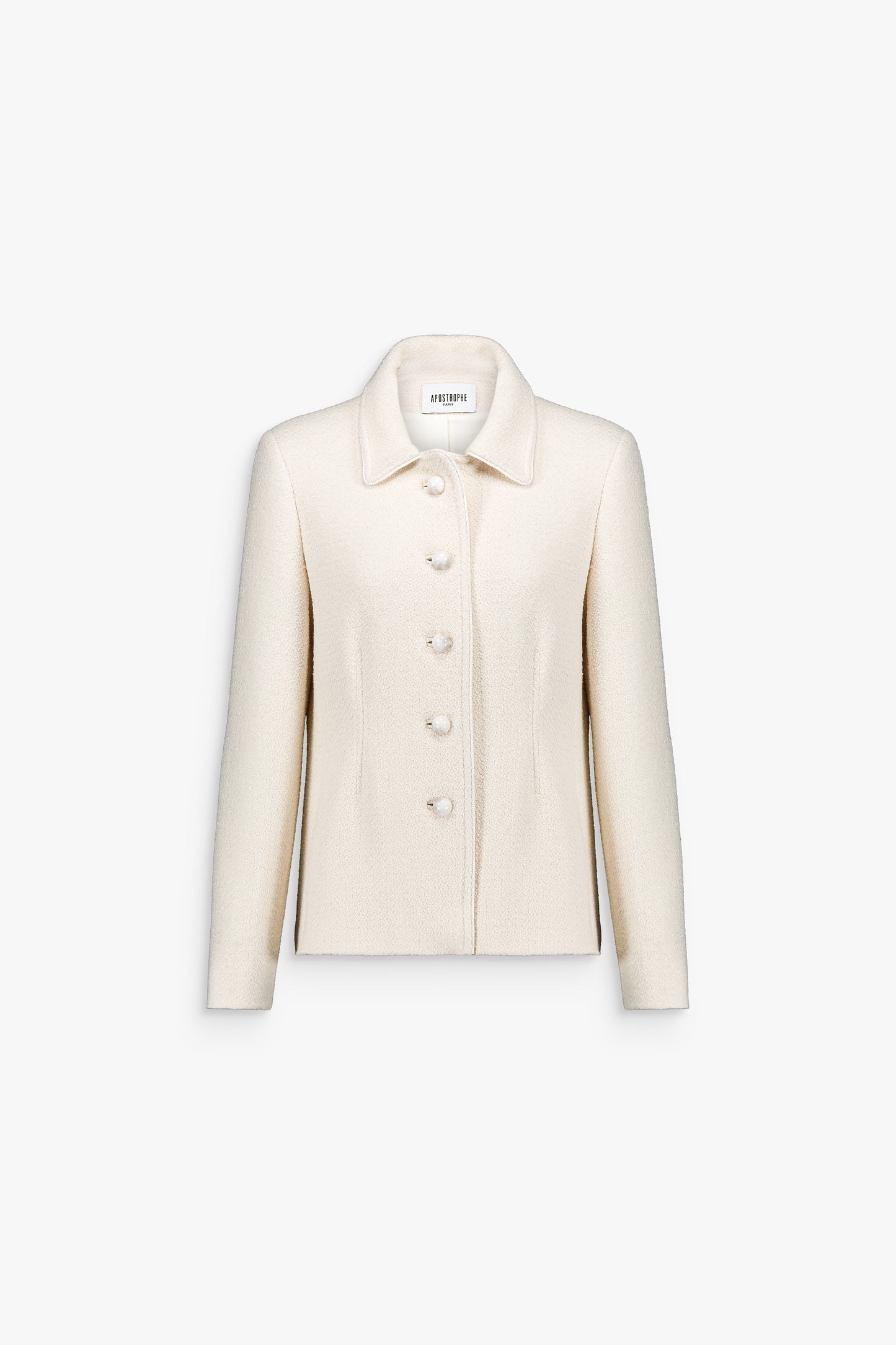 Veste en tweed blanc cassé, coupe droite, manches longues et boutons nacrés.