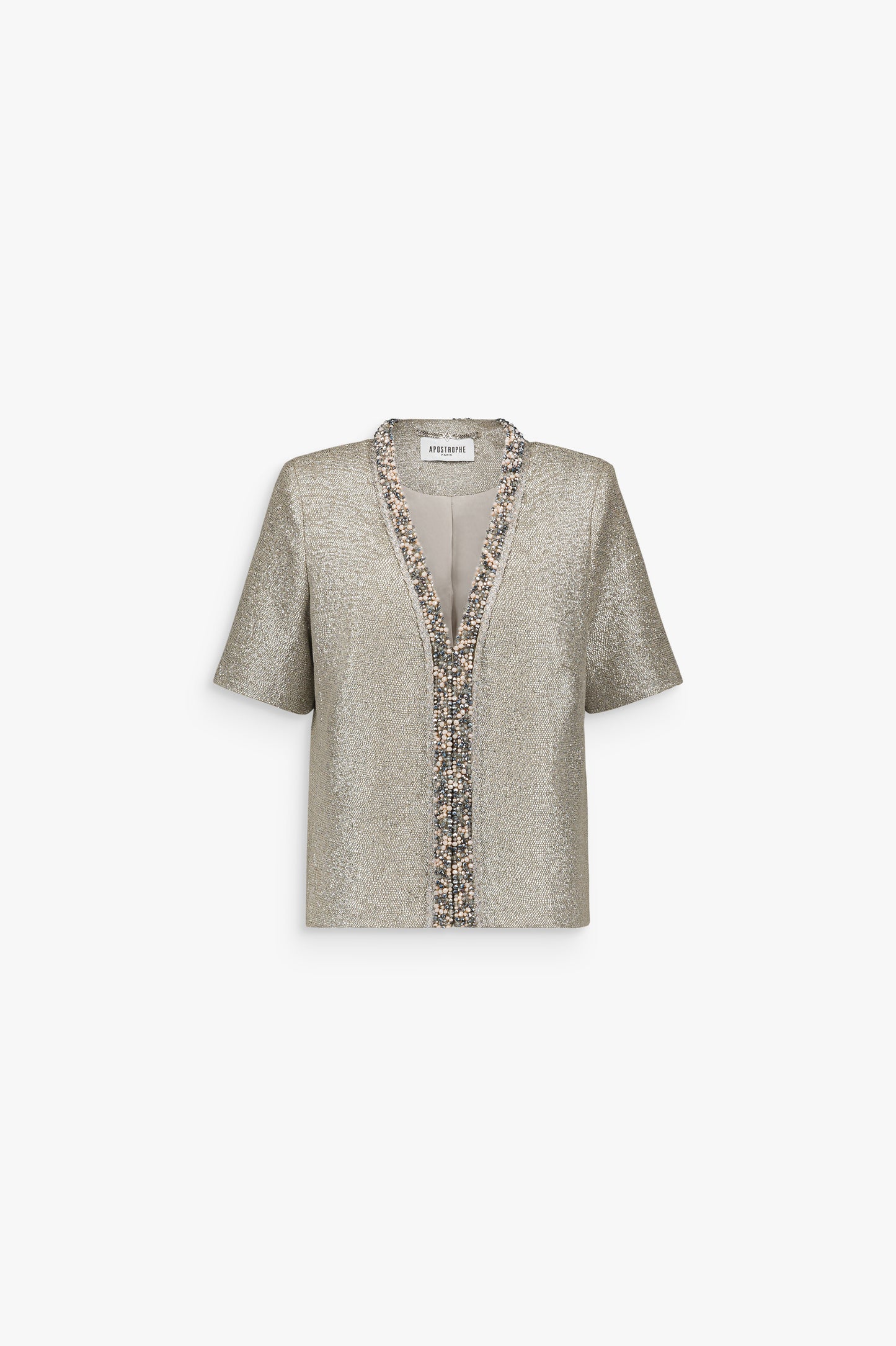 Veste droite argent en jersey lamé à manches courtes avec bord brodé le long de l’ouverture.