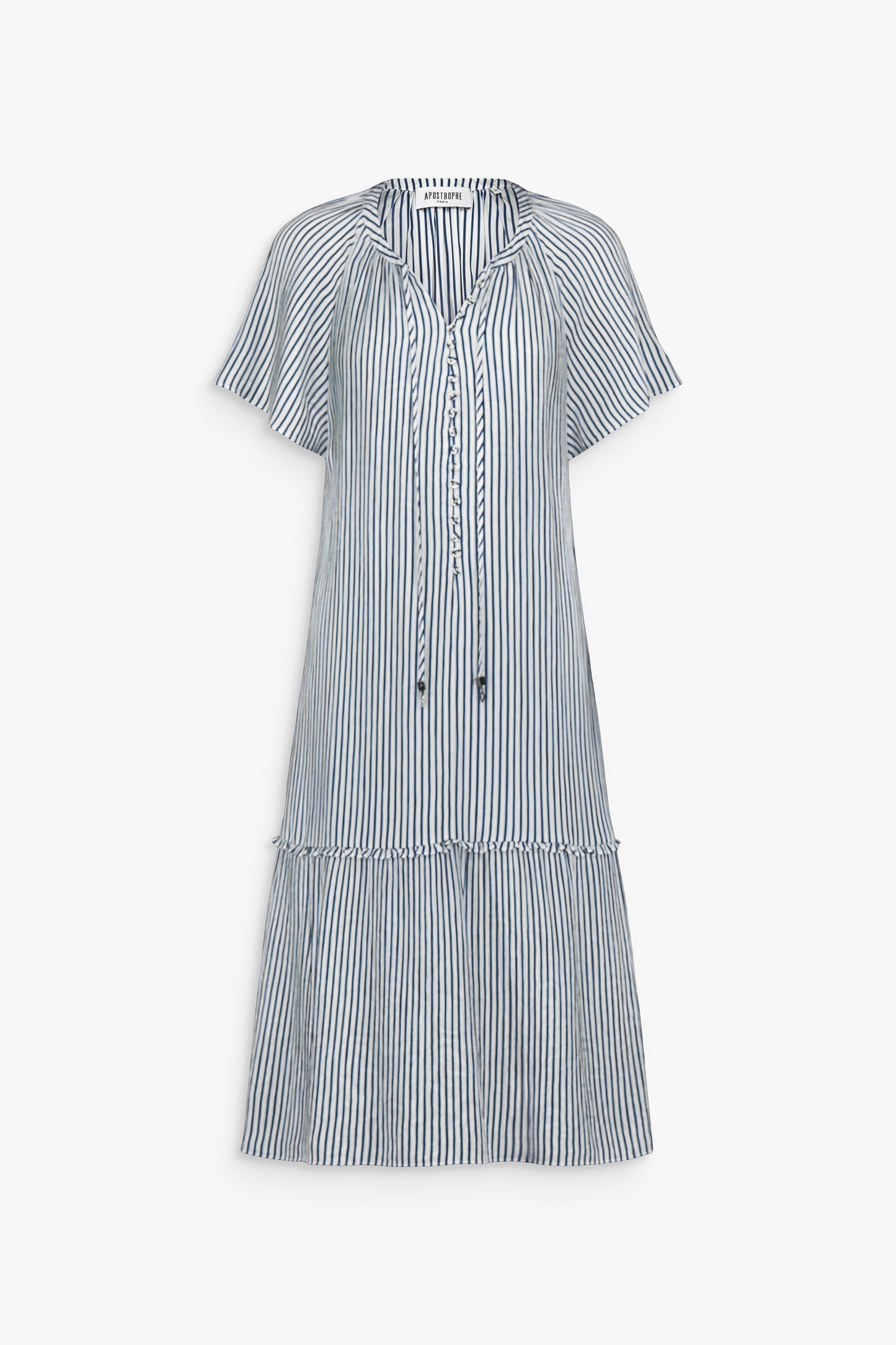 Robe longue à rayures texturées avec col arrondi et encolure boutonnée.