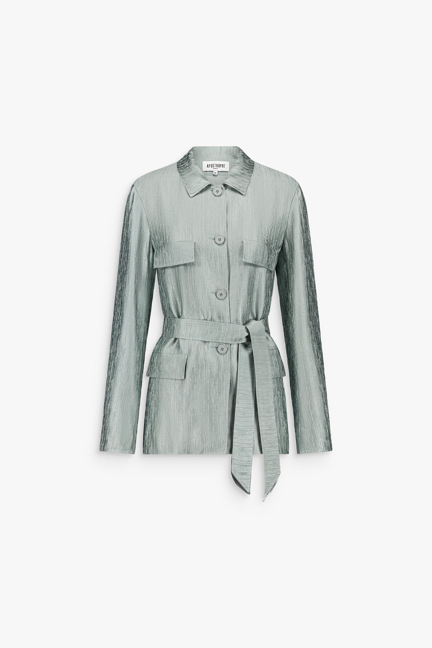 Veste-chemise sauge texturée avec ceinture à nouer, col classique et poches poitrine à rabat.