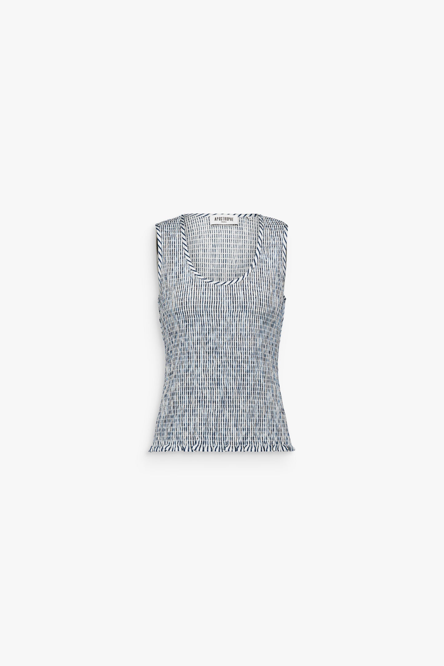 Top sans manches bleu denim texturé, encolure arrondie et surface à effet froissé.