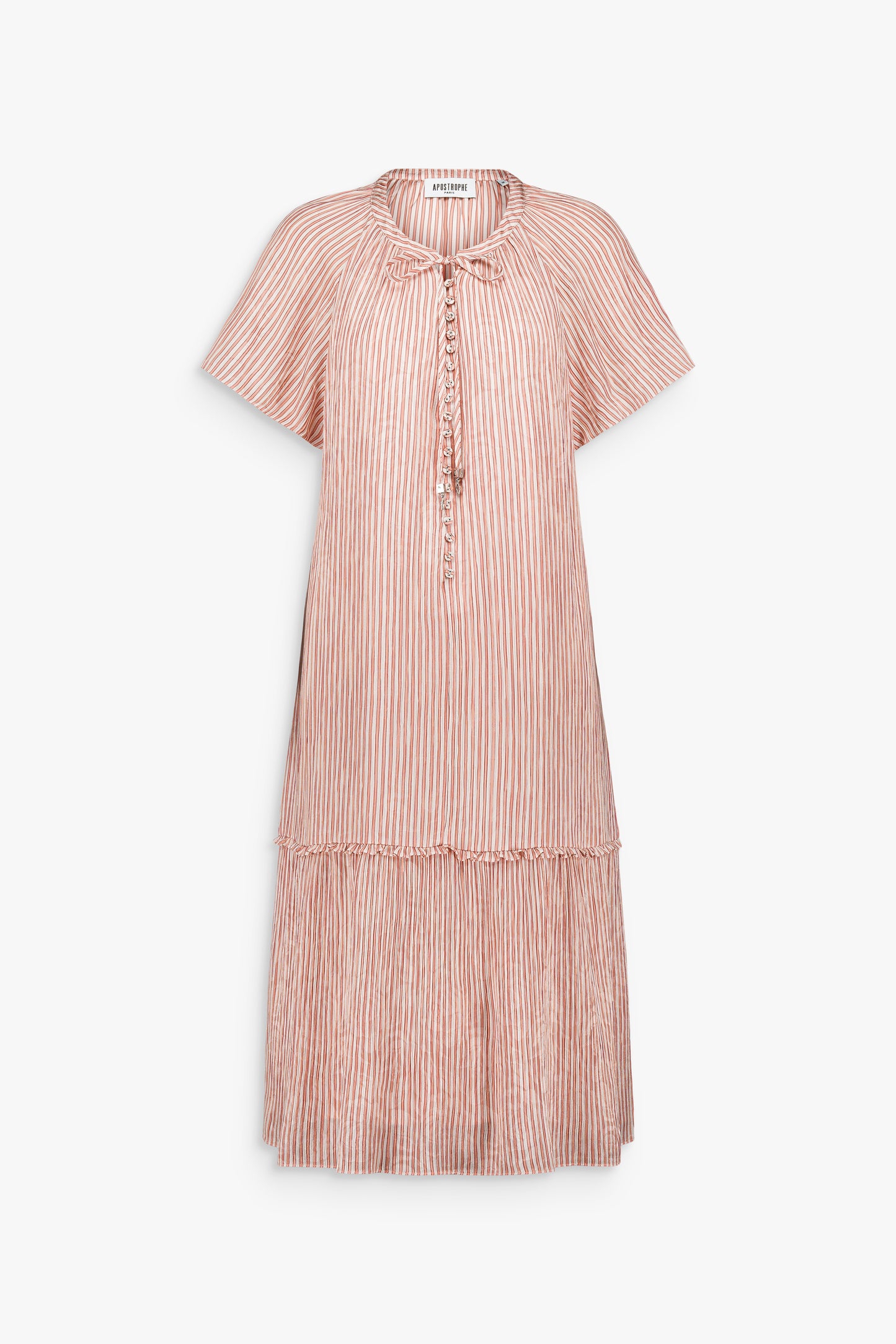 Robe longue vieux rose à rayures texturées avec col arrondi et encolure boutonnée.