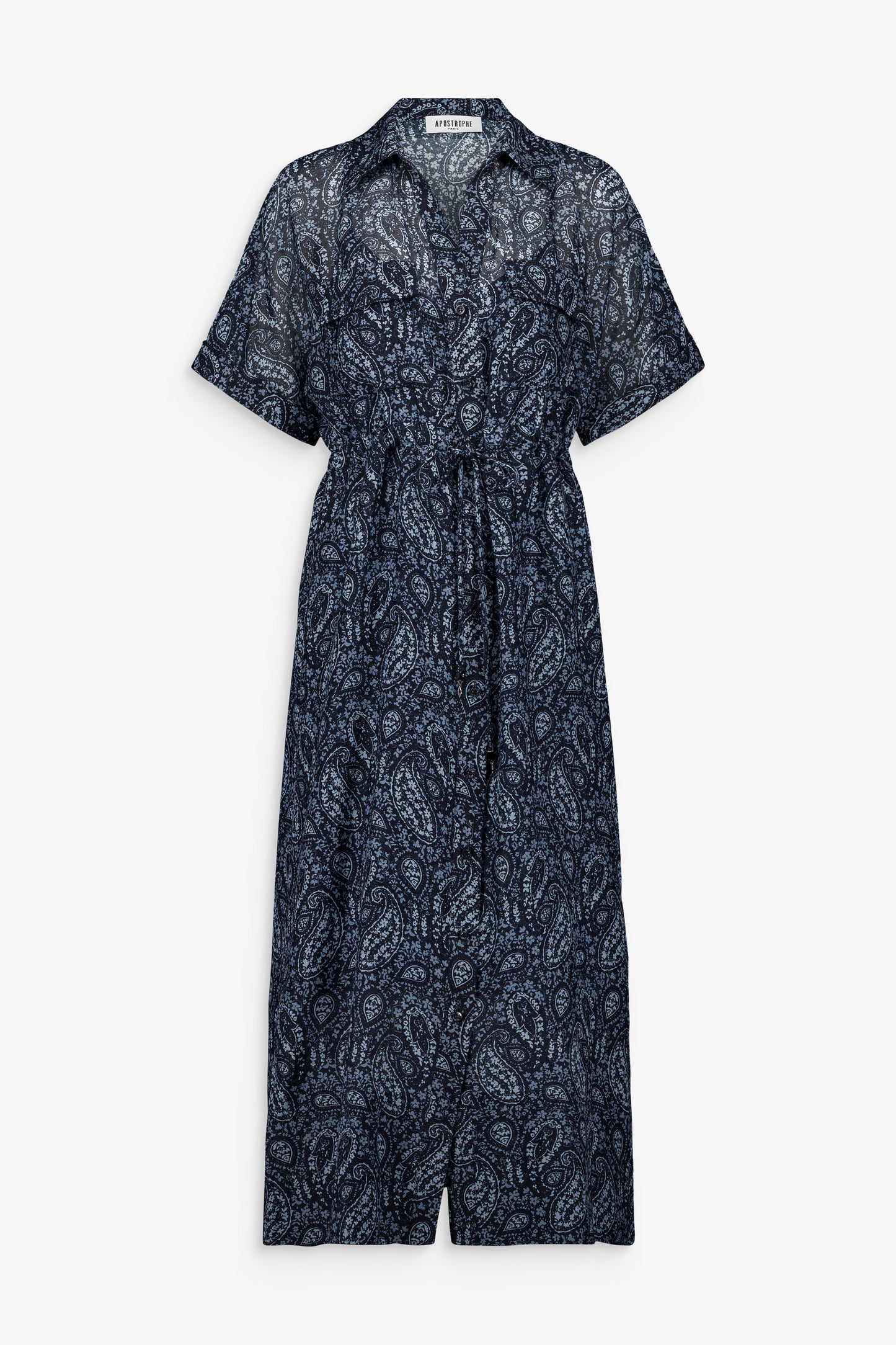 Robe chemise marine à imprimé paisley discret avec col classique.