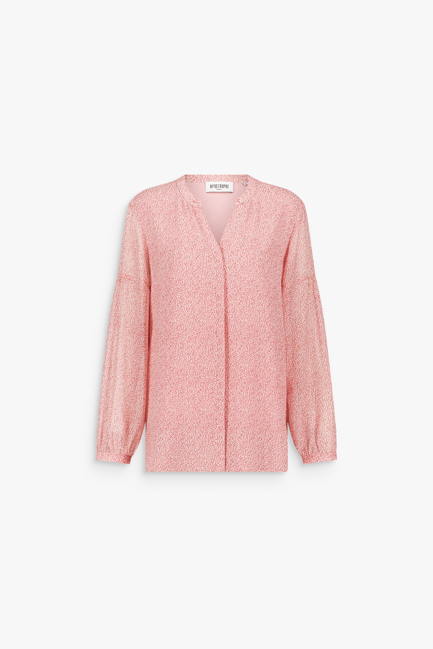 Blouse rose pâle à encolure ronde et manches ballon, à la silhouette douce et équilibrée.