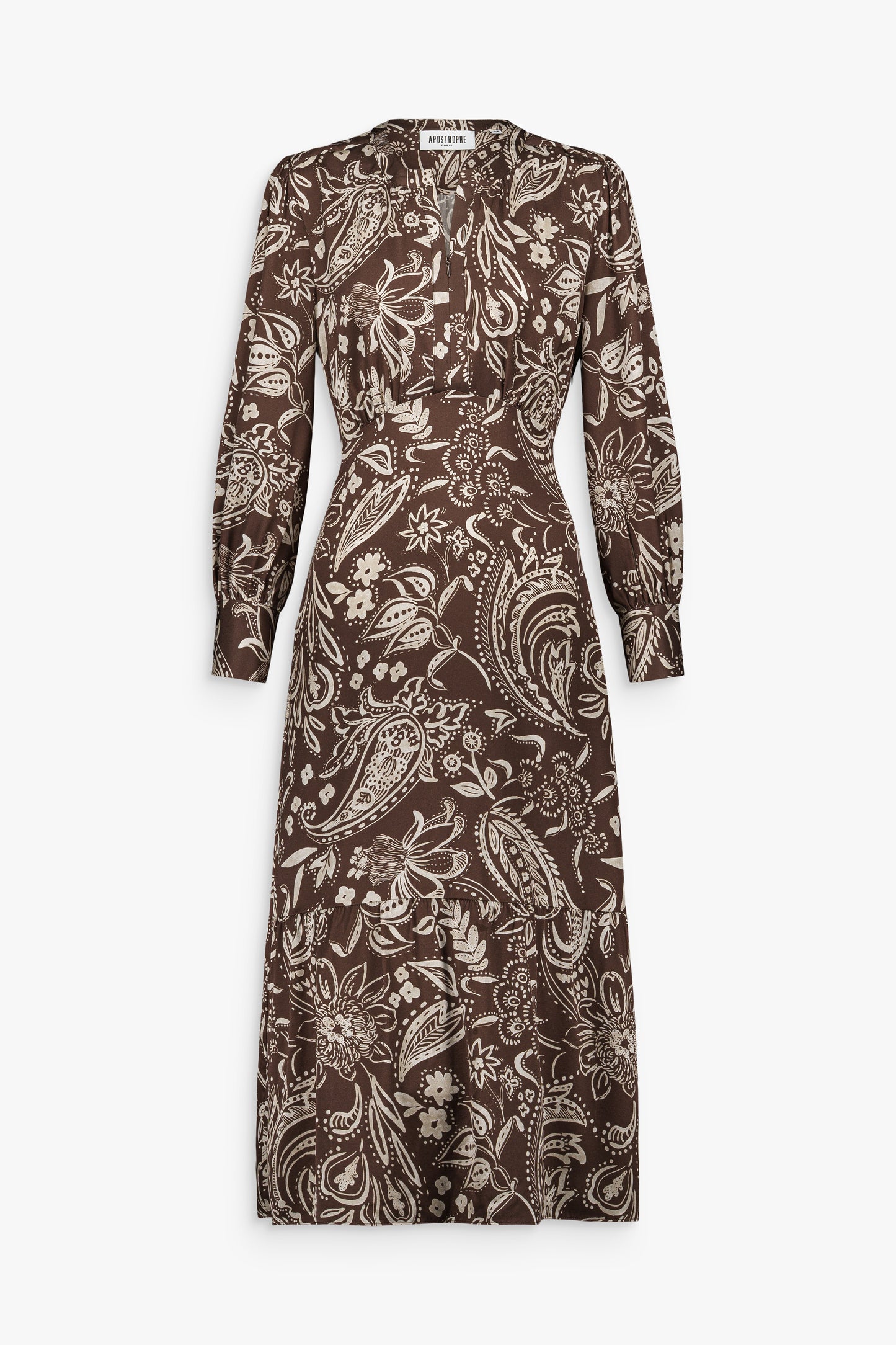 Robe longue en tissu fluide sauge avec imprimé floral discret et encolure ronde.